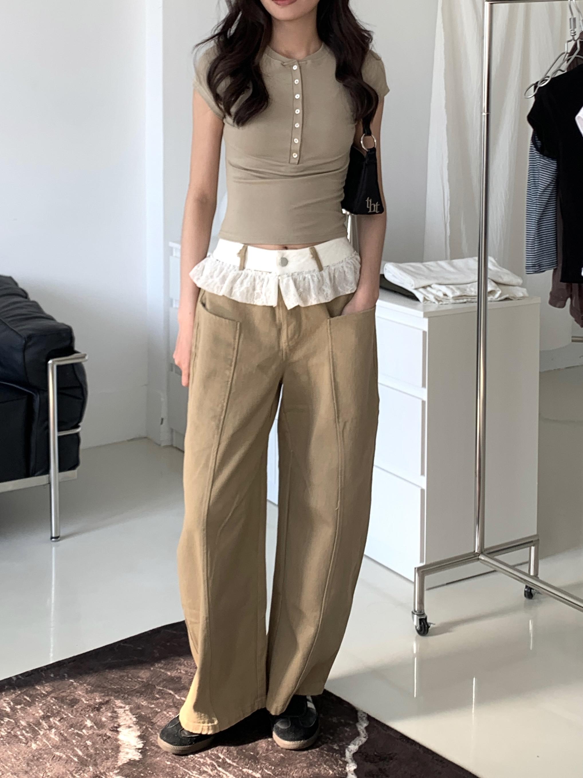 蕾絲花邊拼接牛仔褲(khaki)(S/M/L)