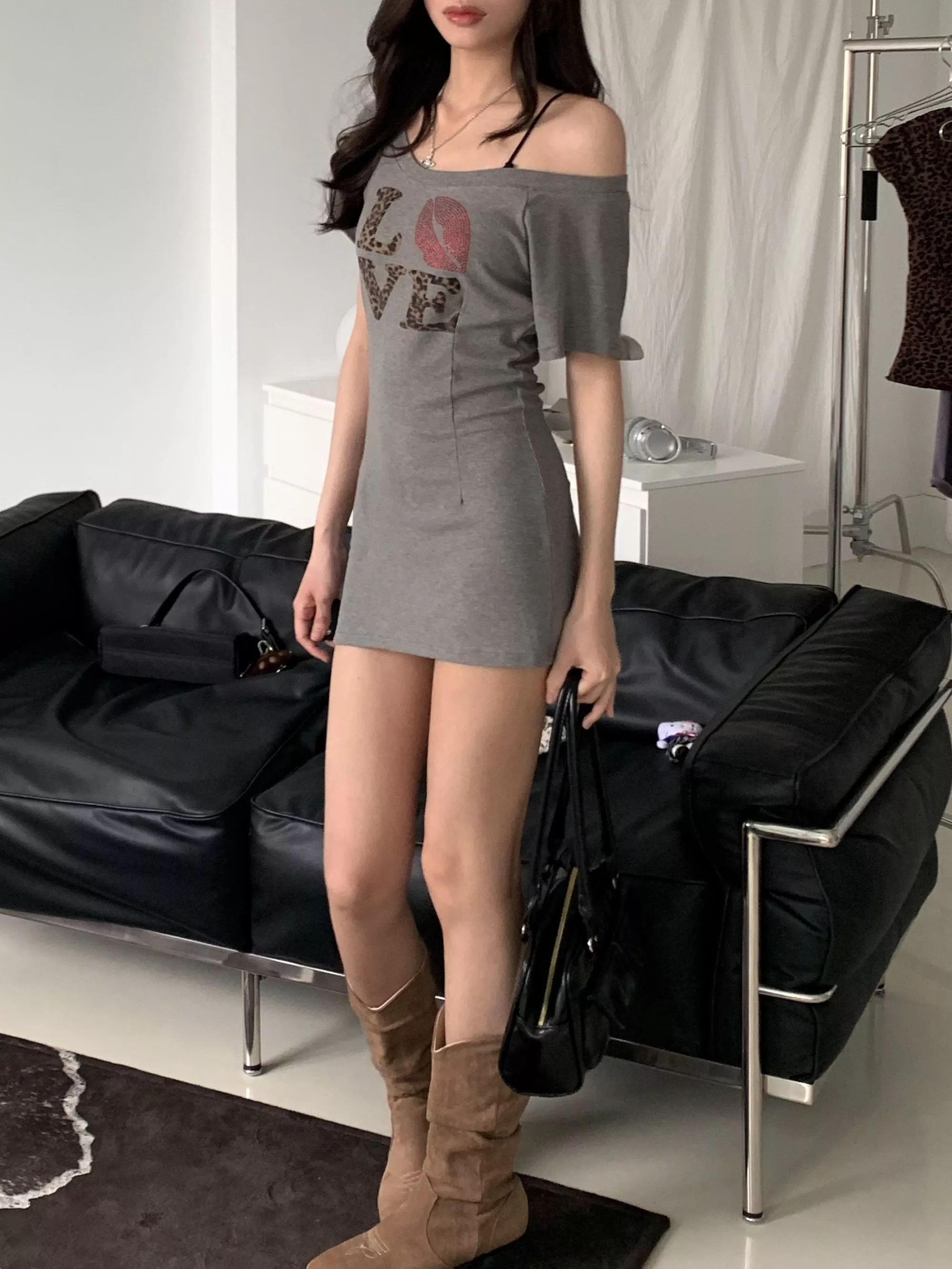 LOVE豹紋灰底慵懶包臀裙/上衣兩穿(grey)(S/M)