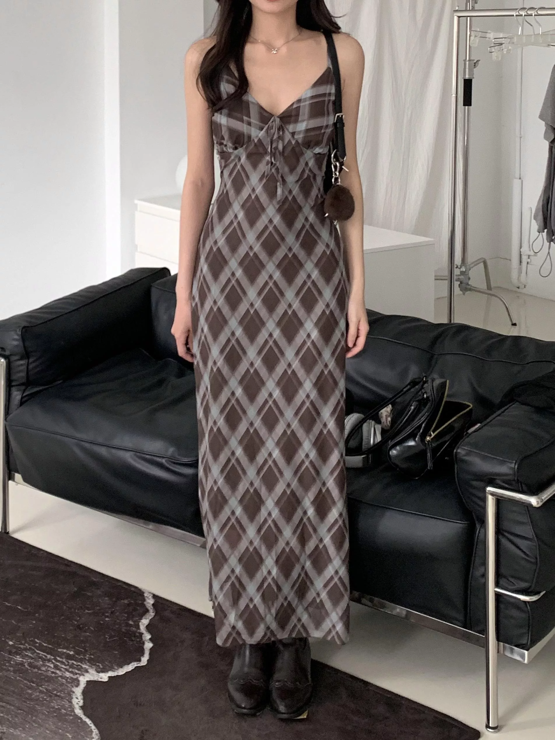 藍棕格紋v領網紗連身裙(blue)(S/M)