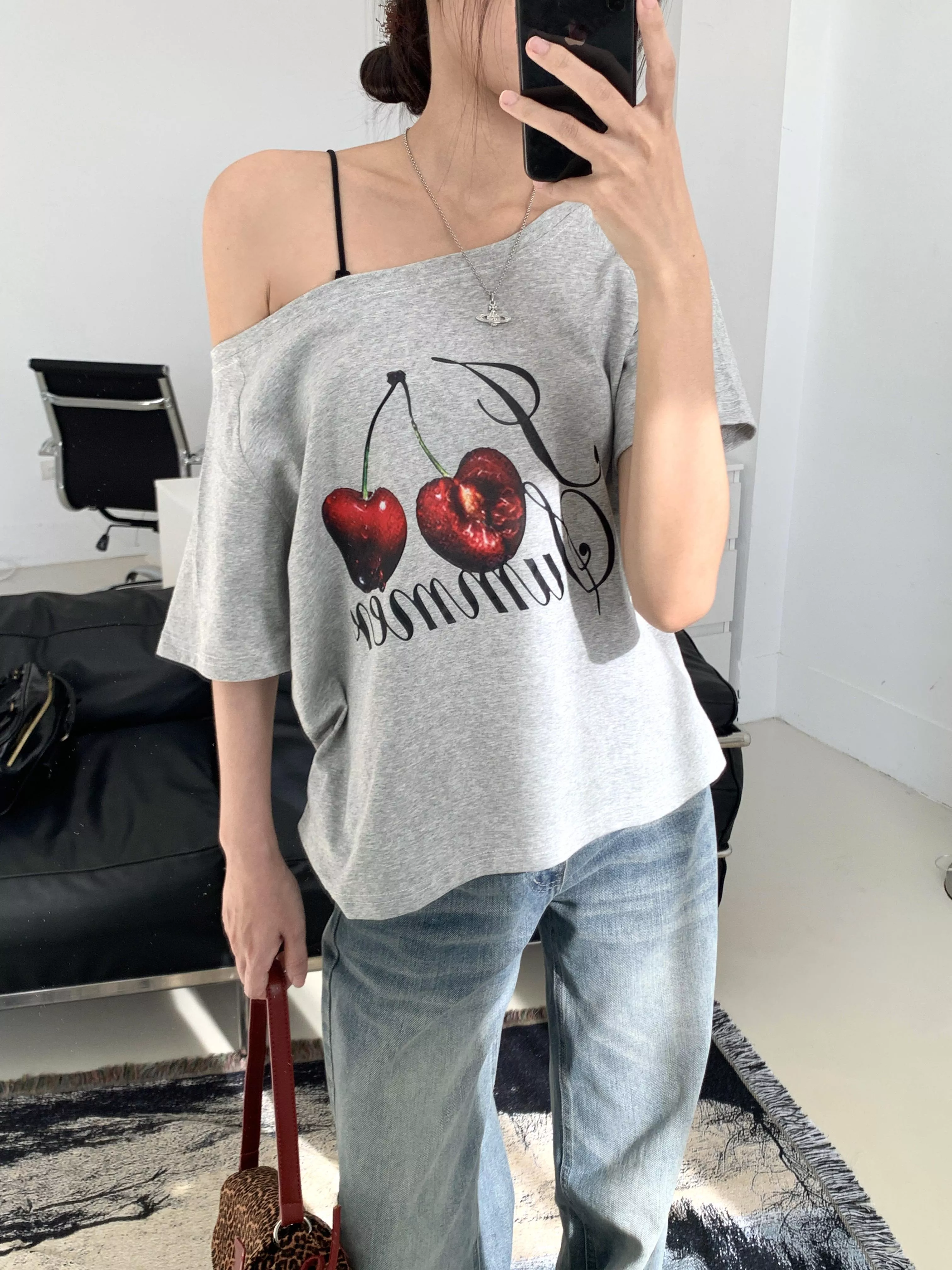 櫻桃斜肩tee(white/grey)(S/M)