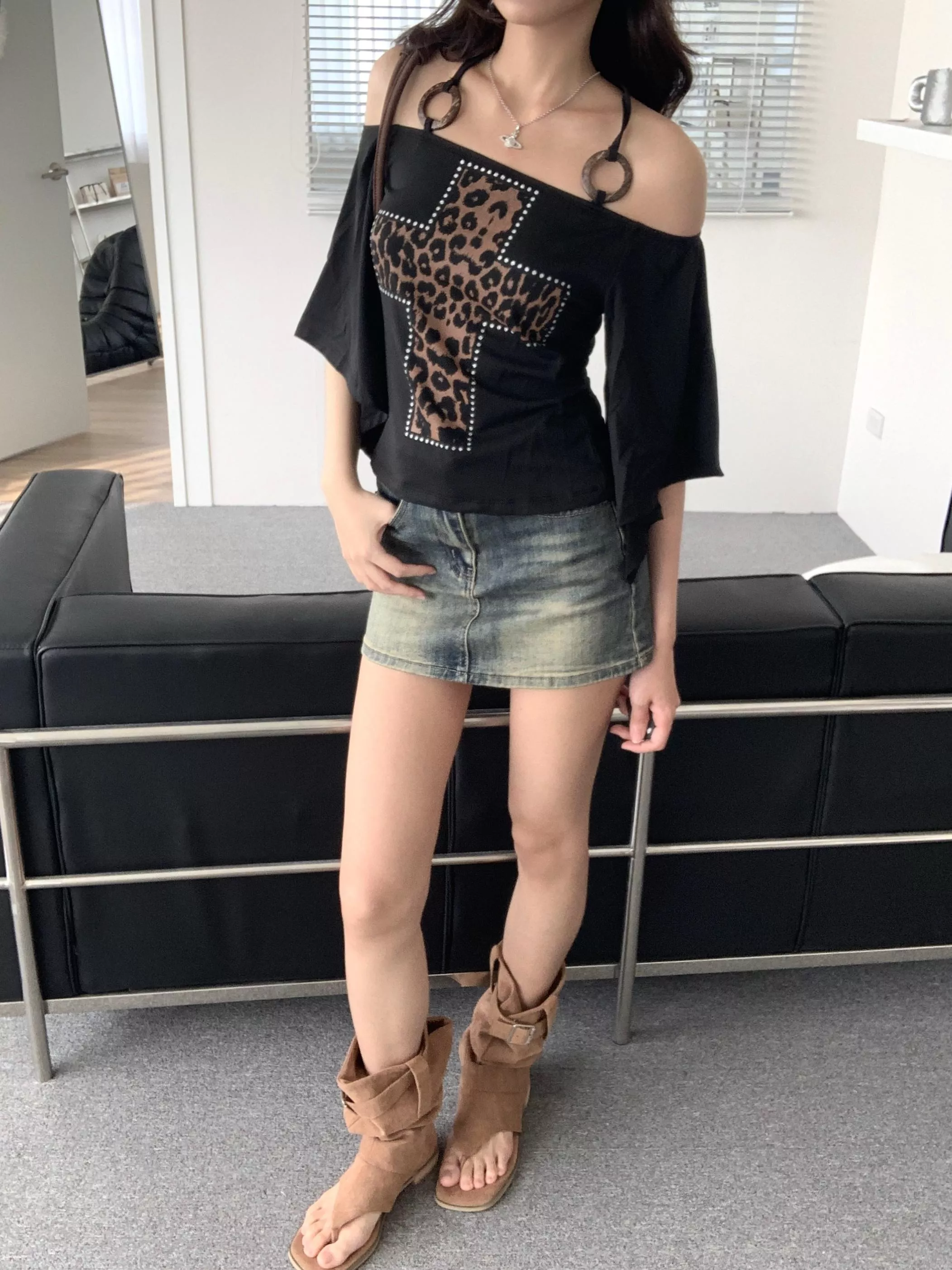 美式復古十字架豹紋蝙蝠掛脖tee(black)(S/M)