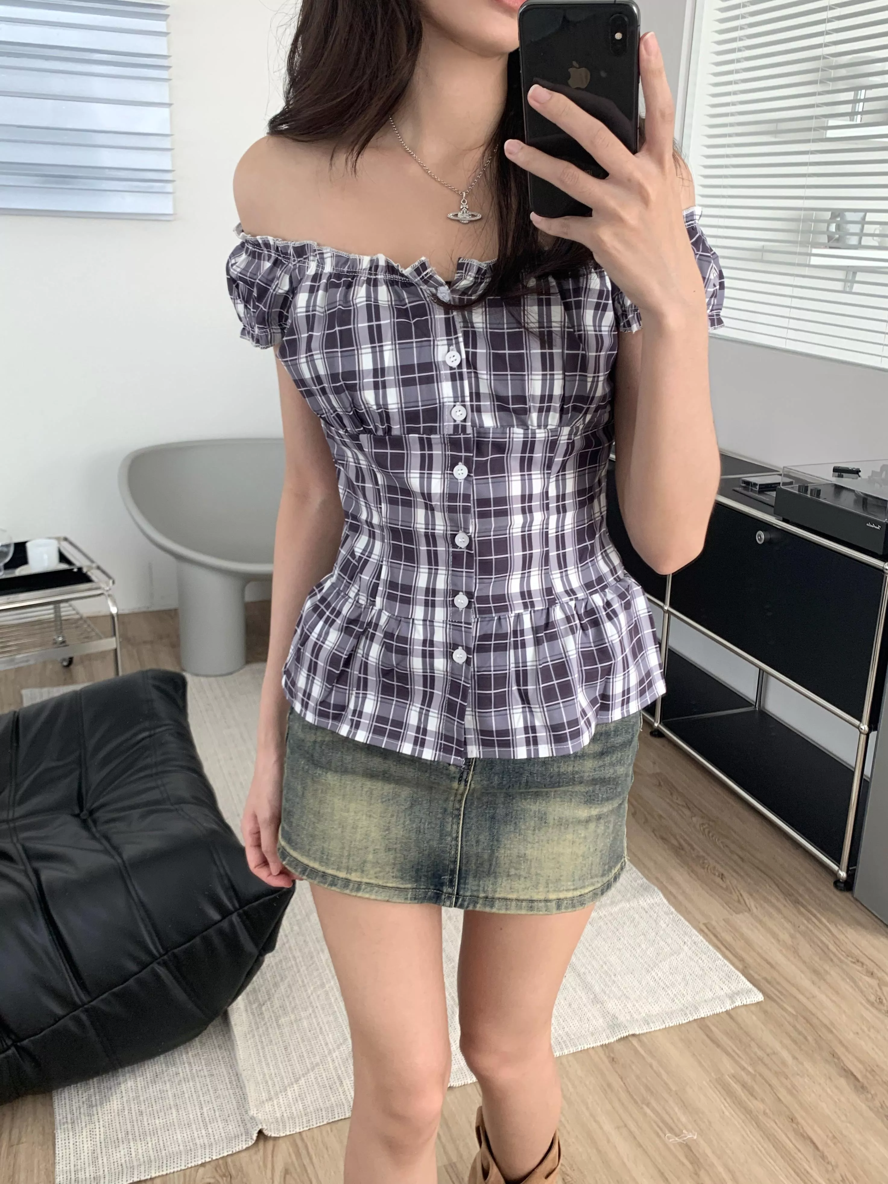 復古格紋包肩兩穿襯衫(purple)(S/M)