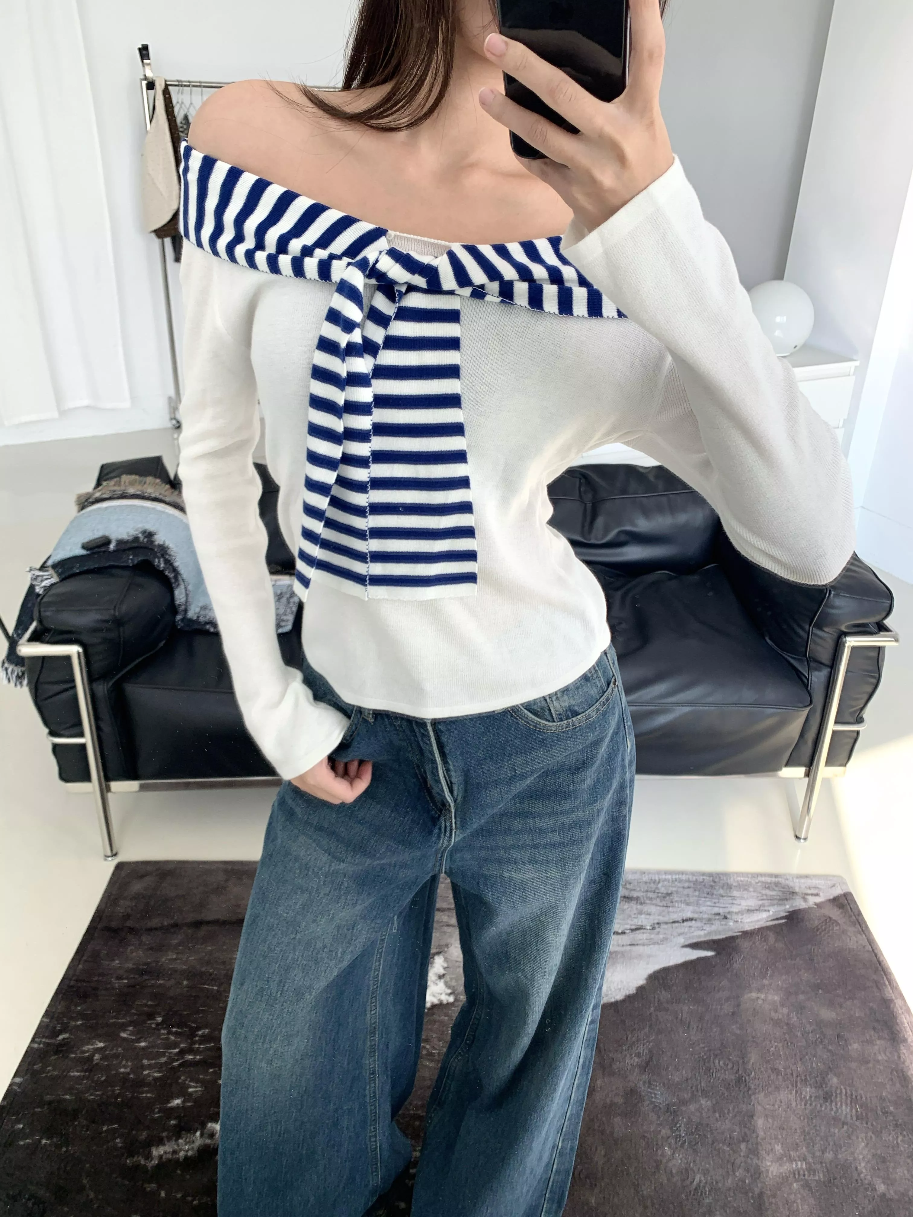 假兩件條紋綁帶針織上衣(white/grey)(S/M)