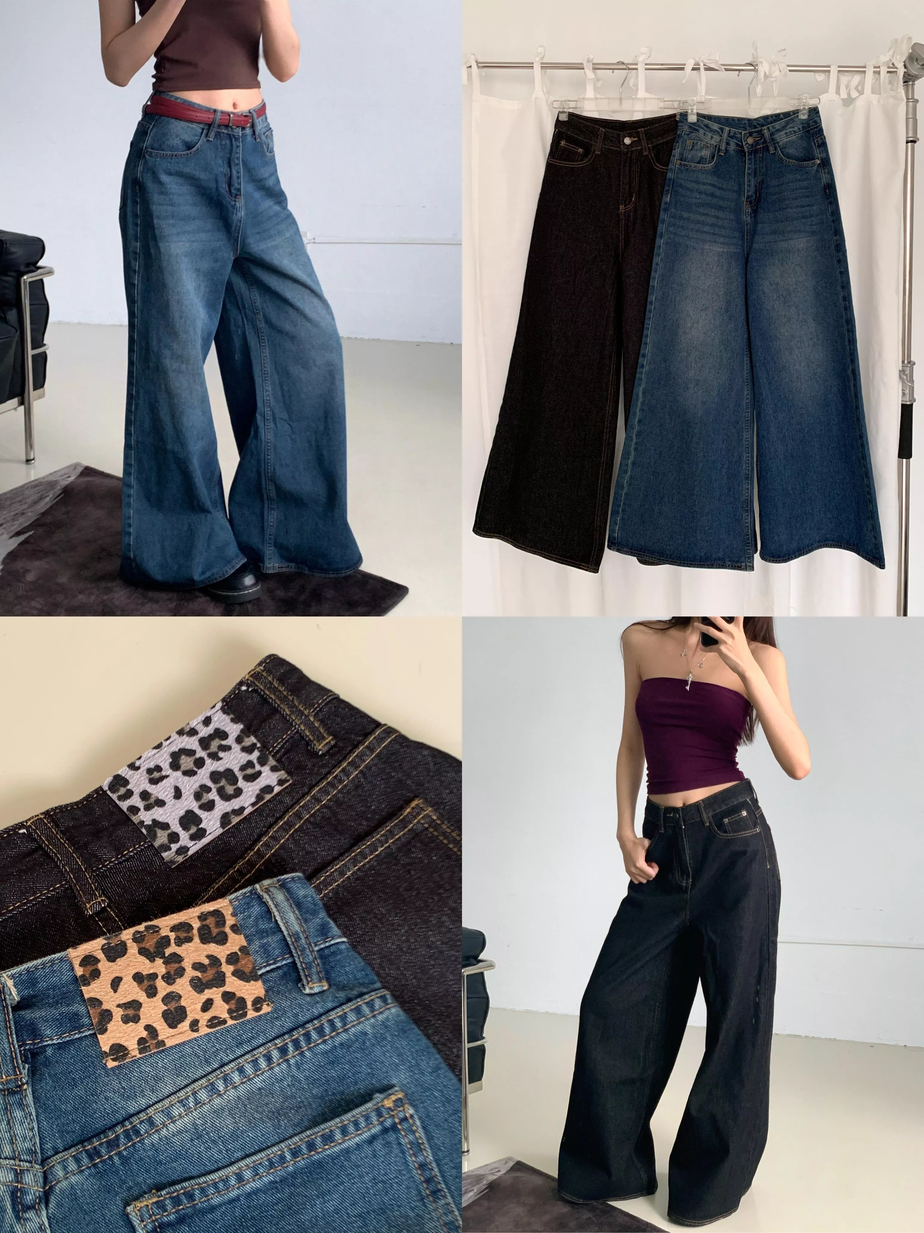 美式復古豹紋標水洗牛仔落地褲(blue/black)(S/M/L)