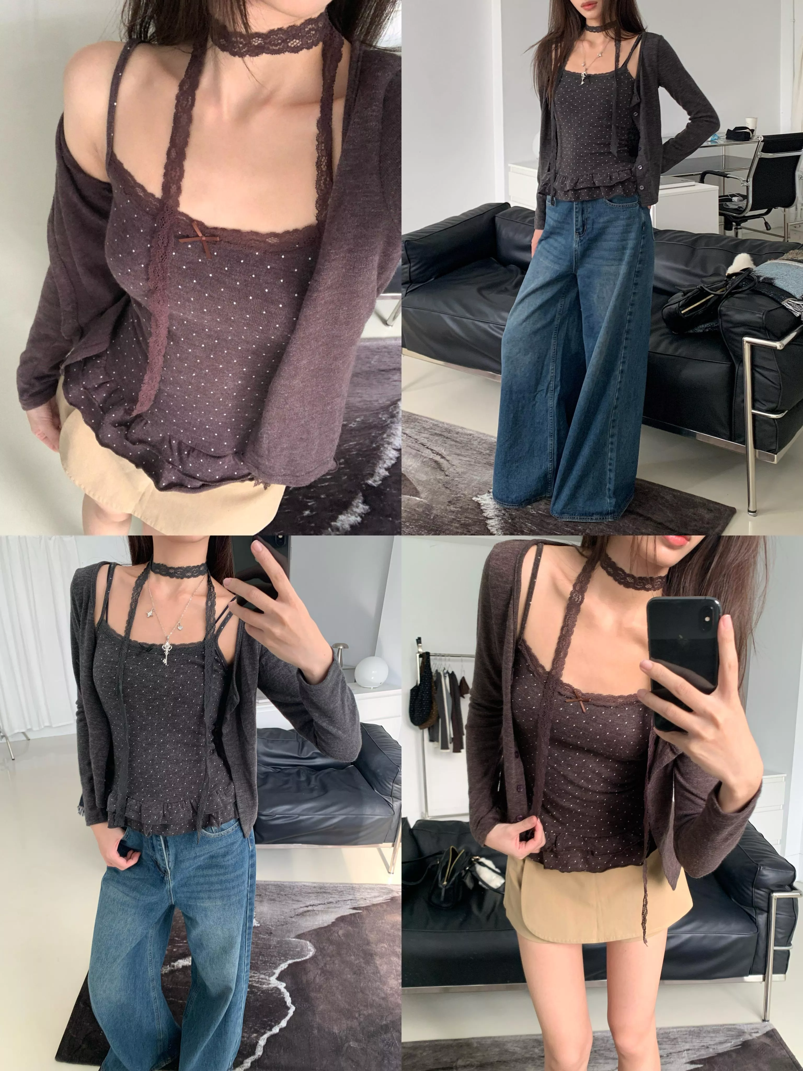 荷葉邊波點背心外套set(grey/brown)(S/M)