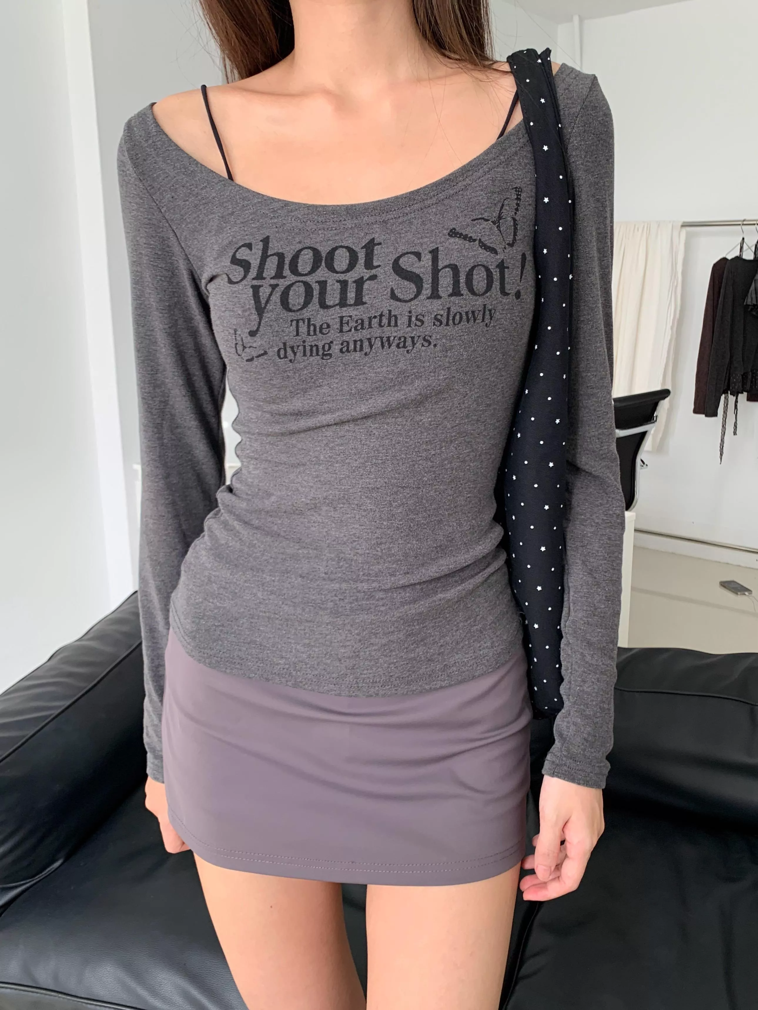 字母低圓領修身長tee(white/grey)(S/M)