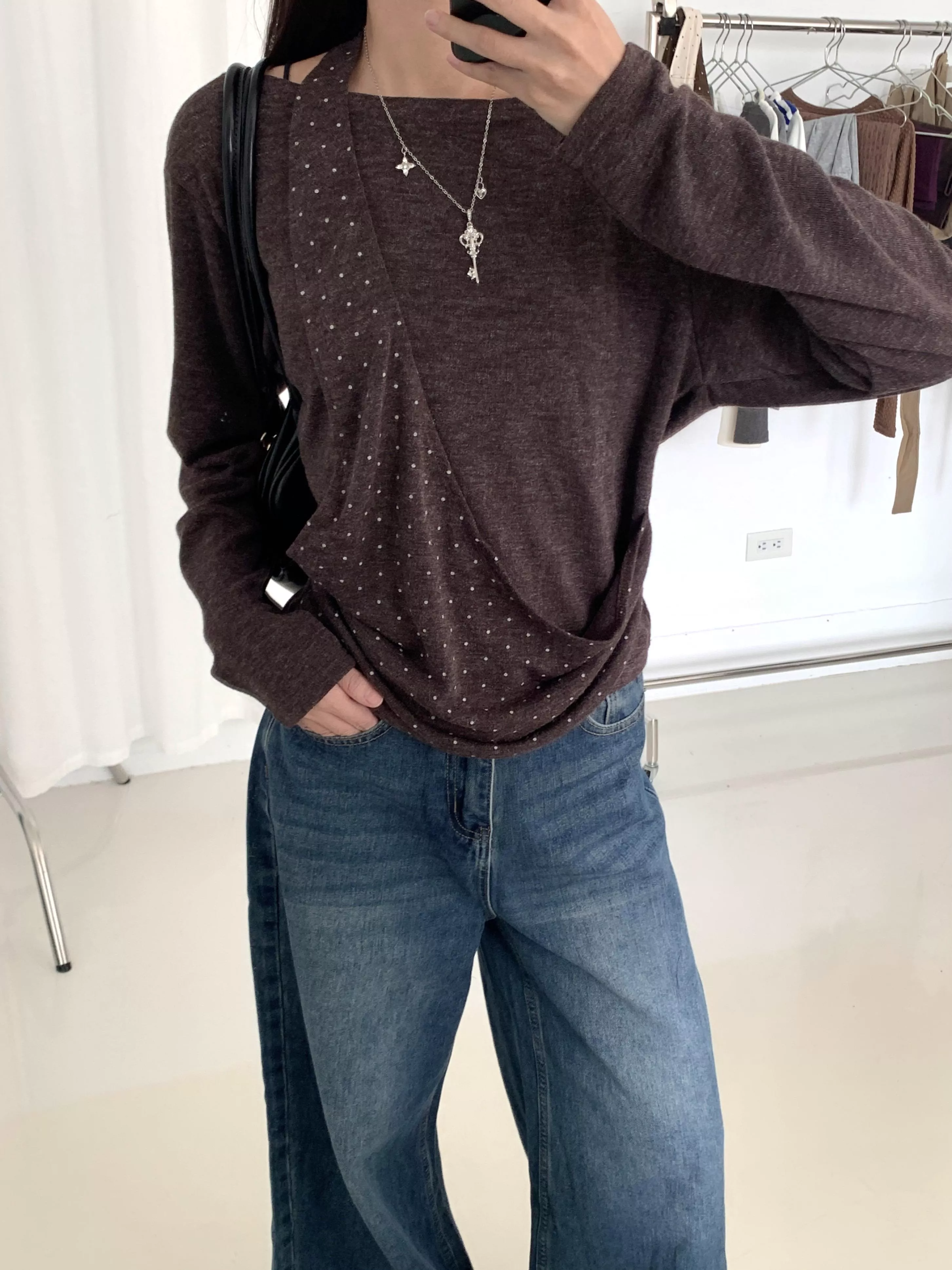 寬鬆繞脖波點設計感針織上衣(brown)(S/M)