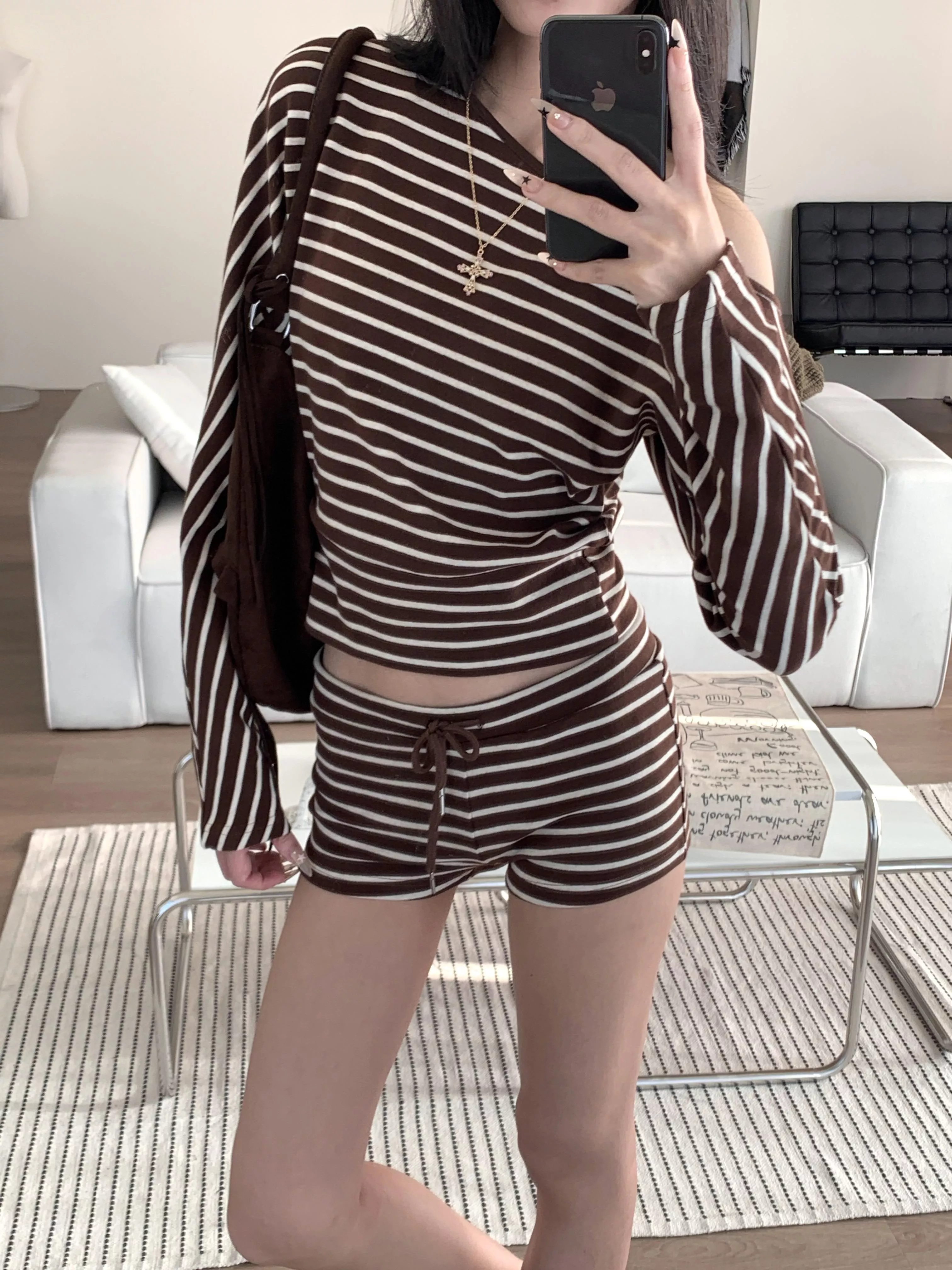 休閒斜肩條紋短版set(brown/grey)(S/M)