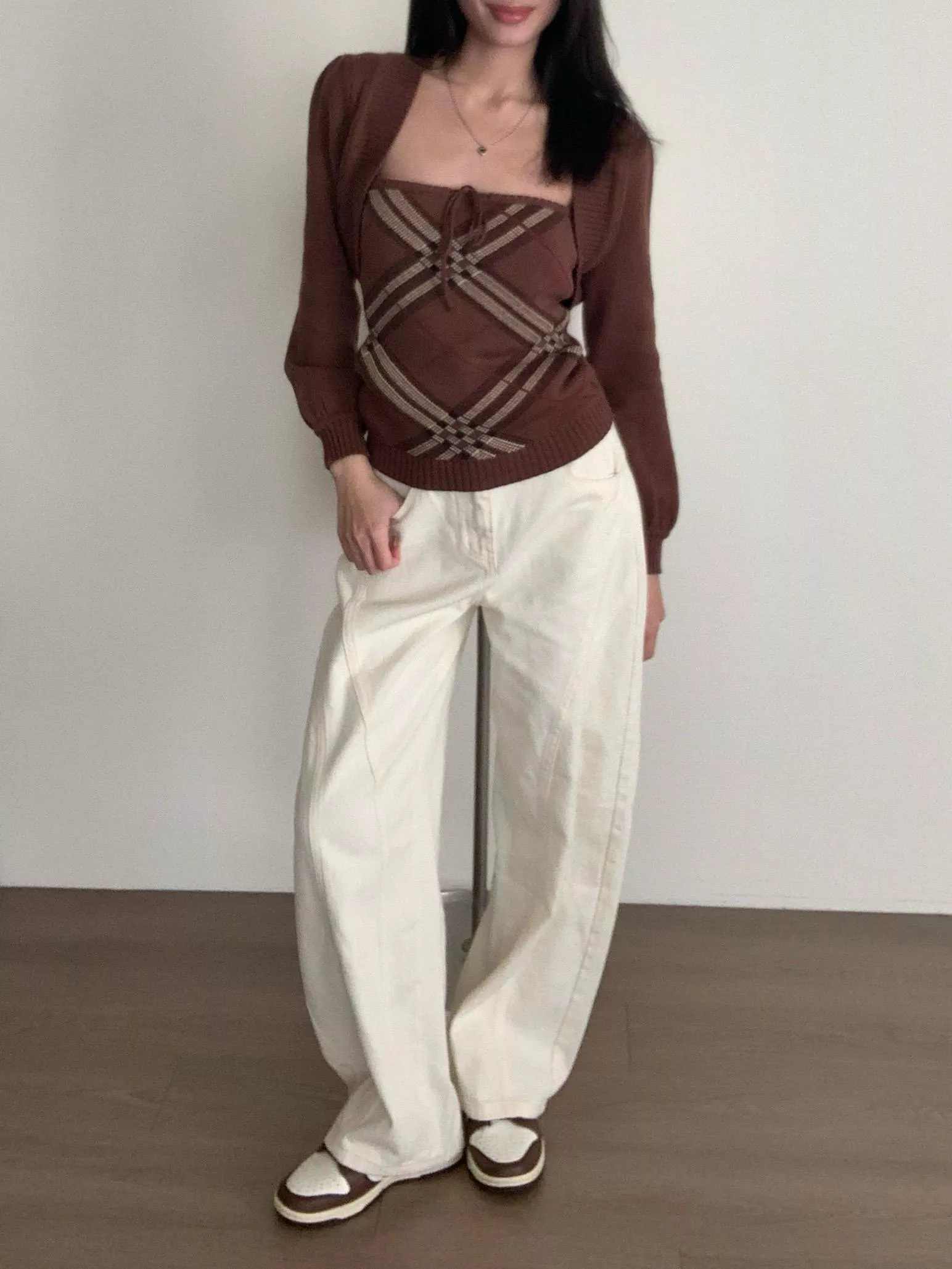 古早格紋抹胸針織set(brown)(F)