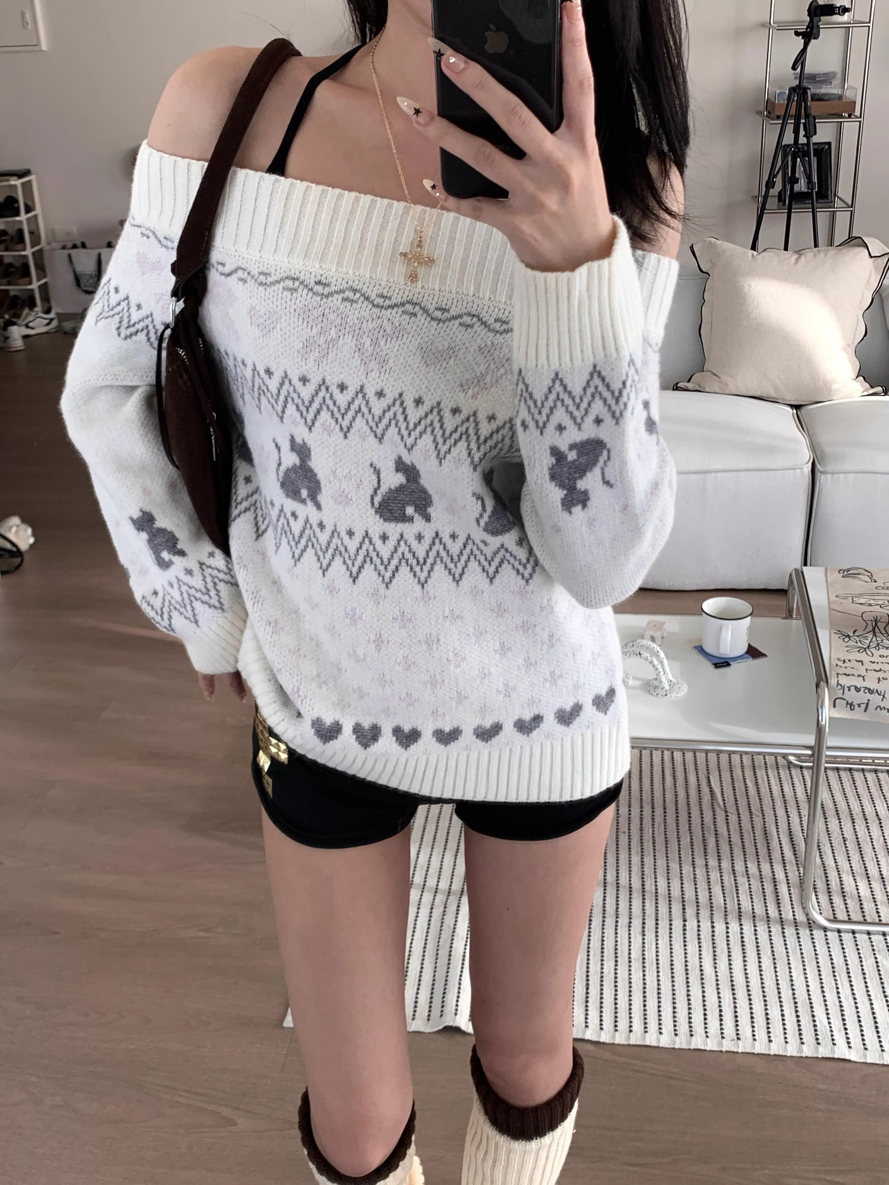 ribbon小貓一字肩針織上衣(white)(F)