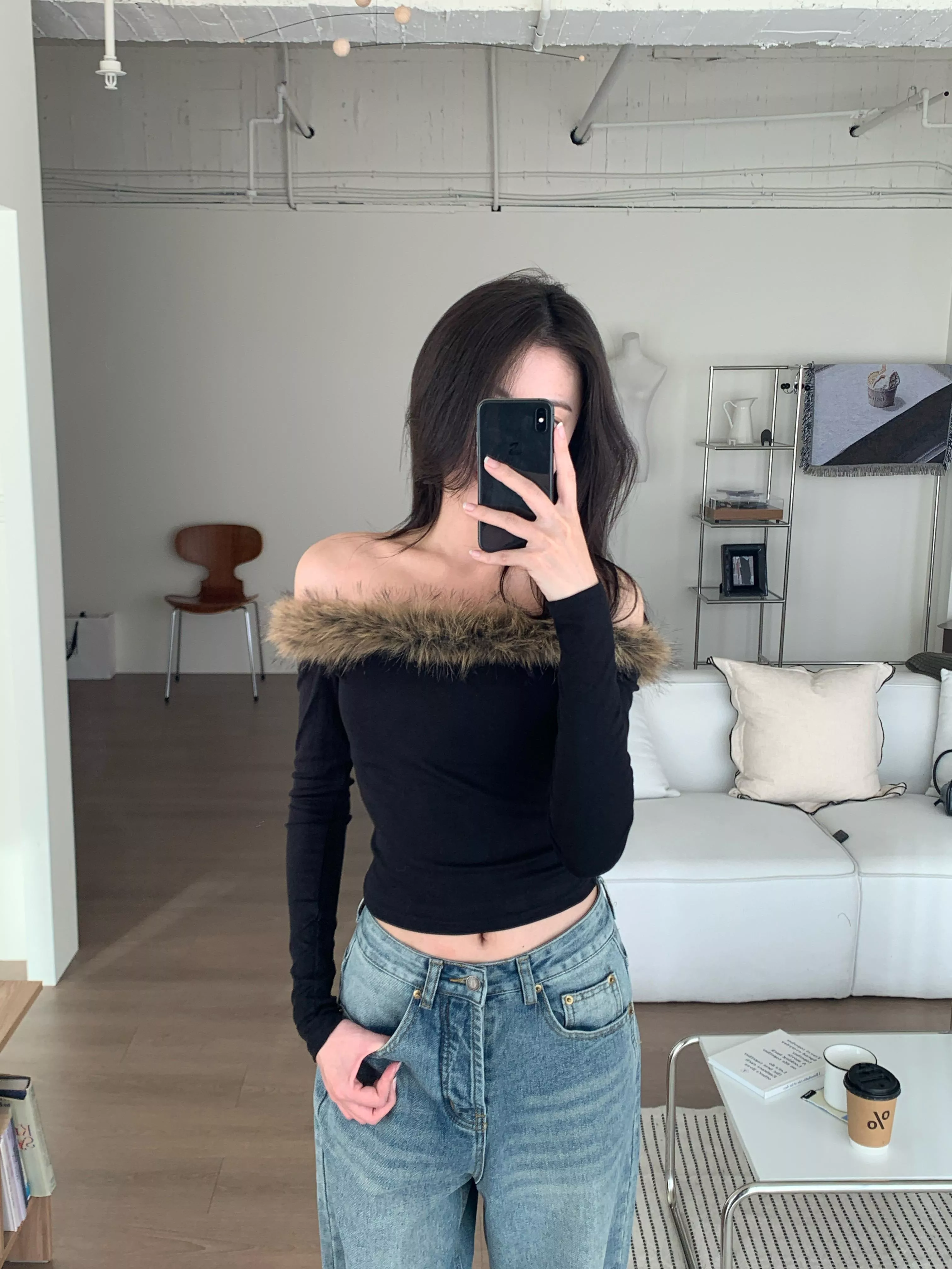 毛條一字肩修身上衣(black)(S/M/L)