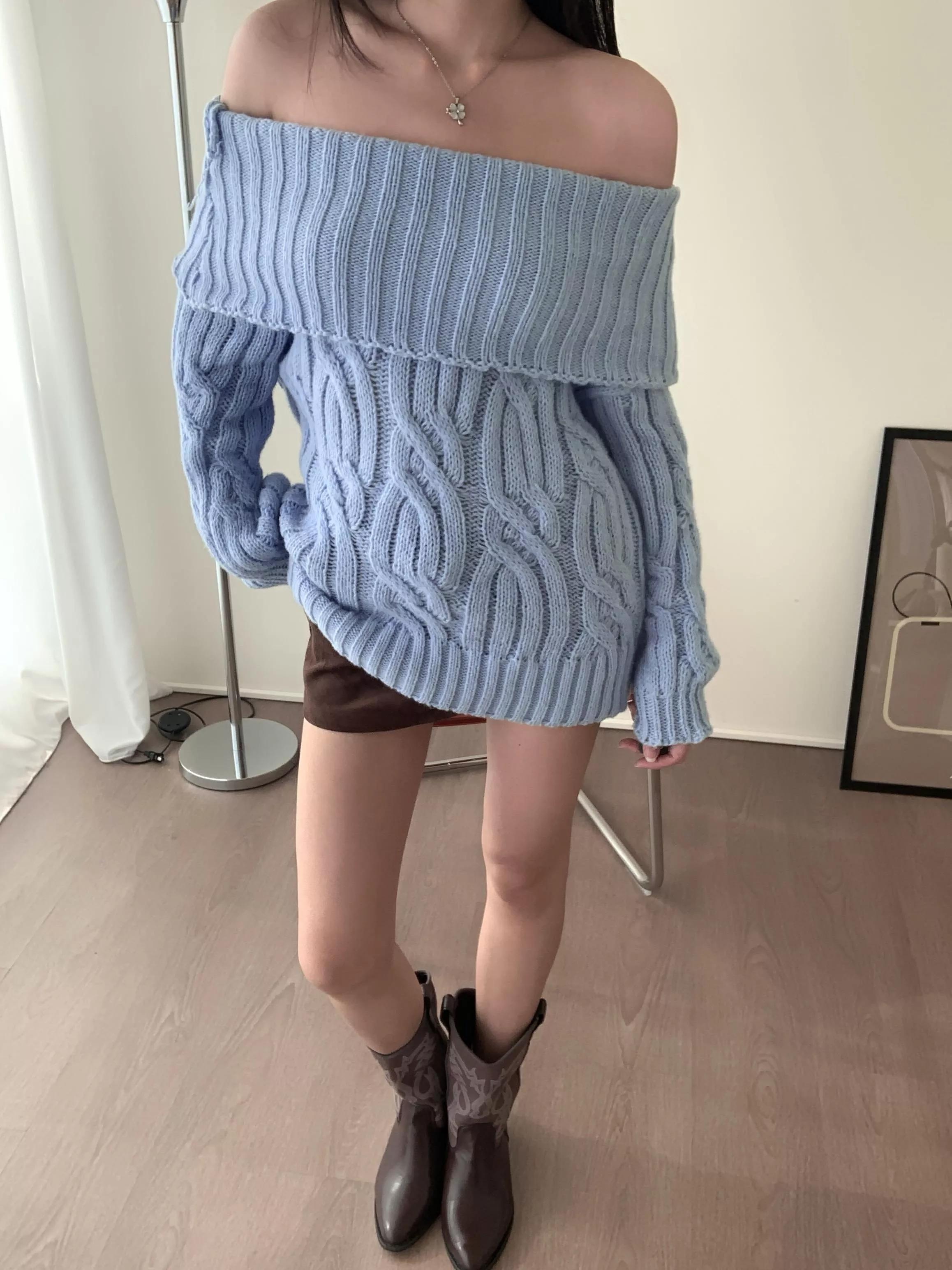 一字間麻花針織oversize上衣(blue)(F)