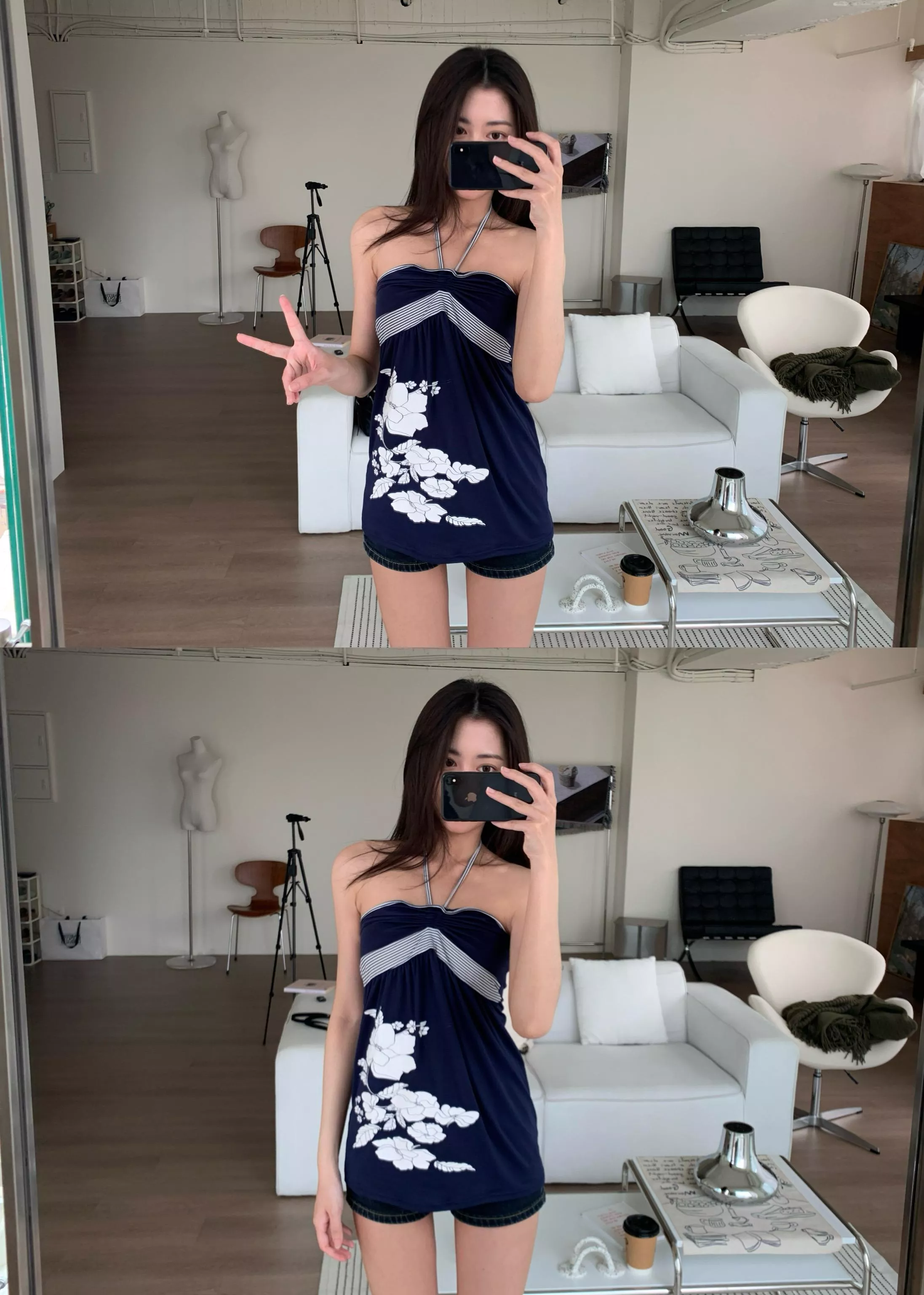 皺摺花朵掛脖裙擺上衣(navy)(F)