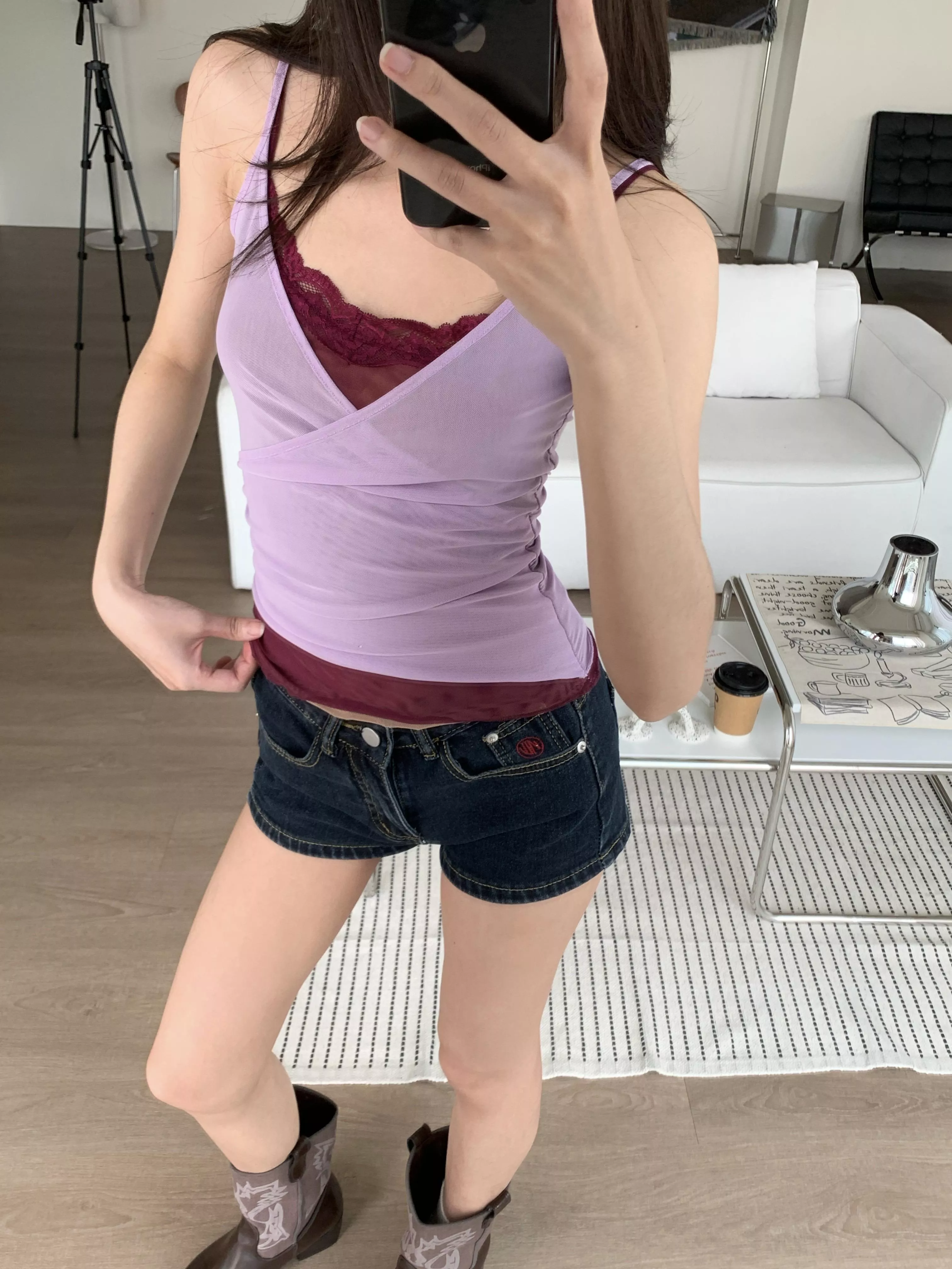 y2k蕾絲網紗假兩件背心(purple)(S/M/L)