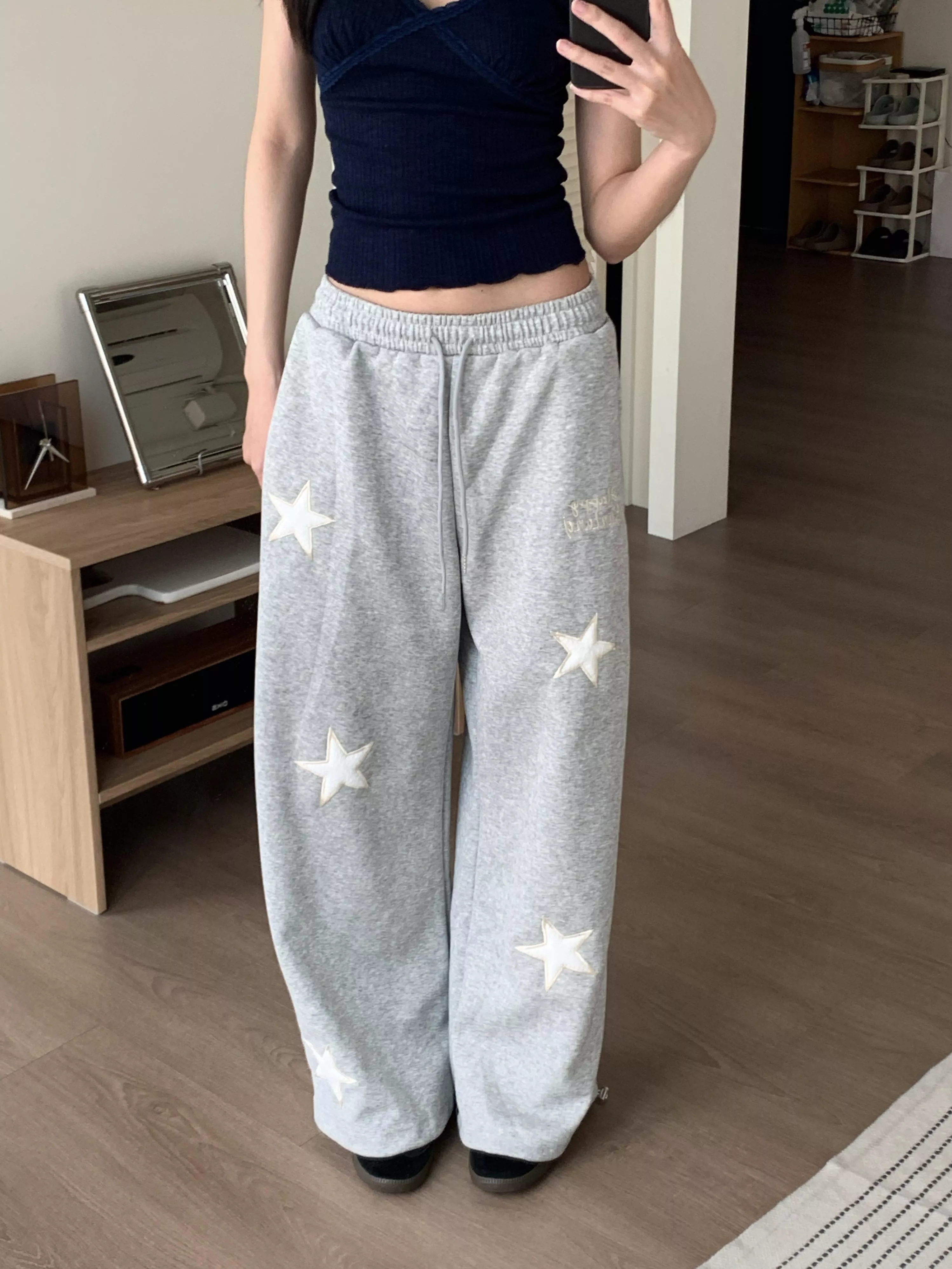 美式復古星星刺繡休閒褲(grey/navy)(S-XL)