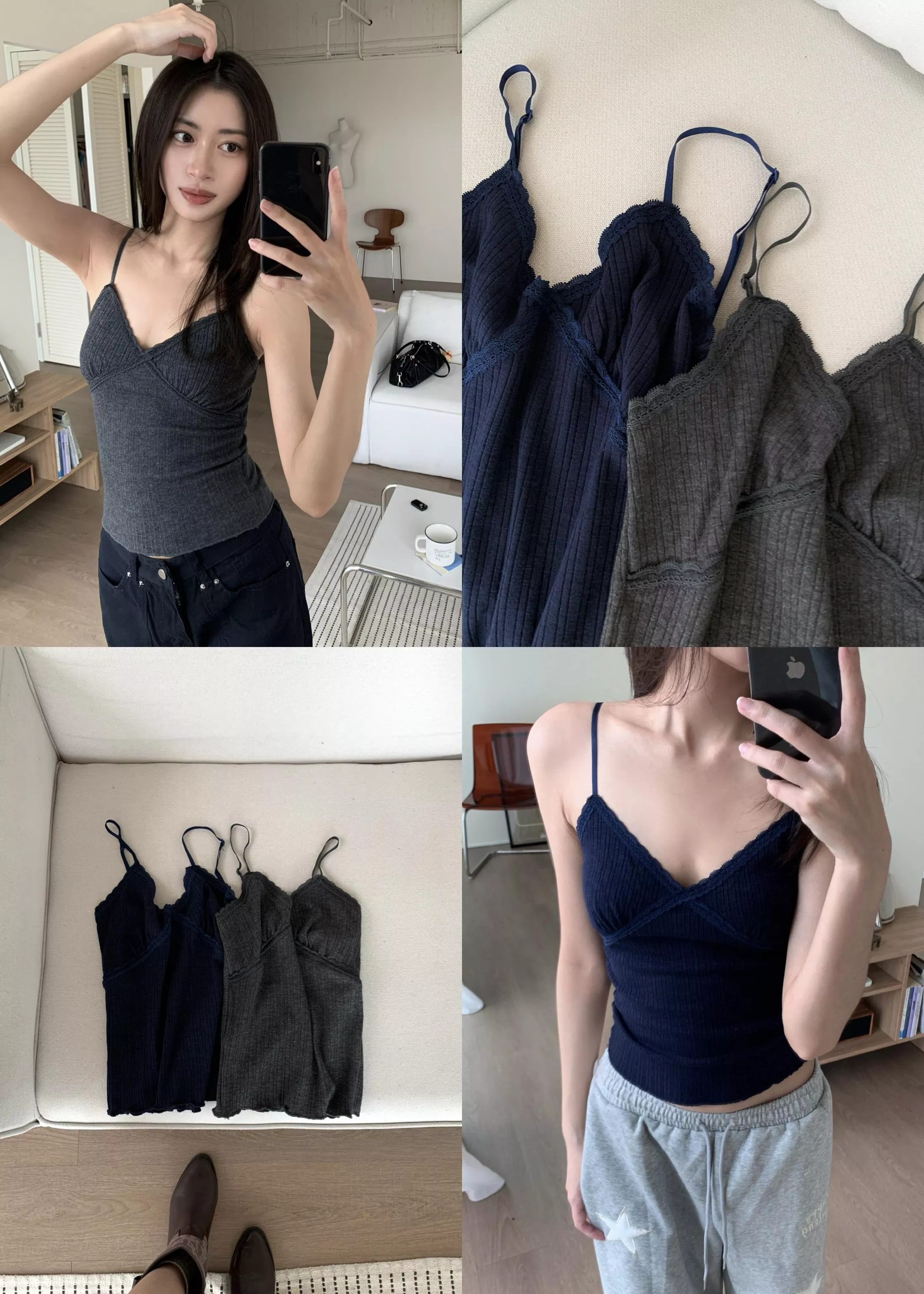 蕾絲v領吊帶背心(dark grey/navy)(S/M/L)