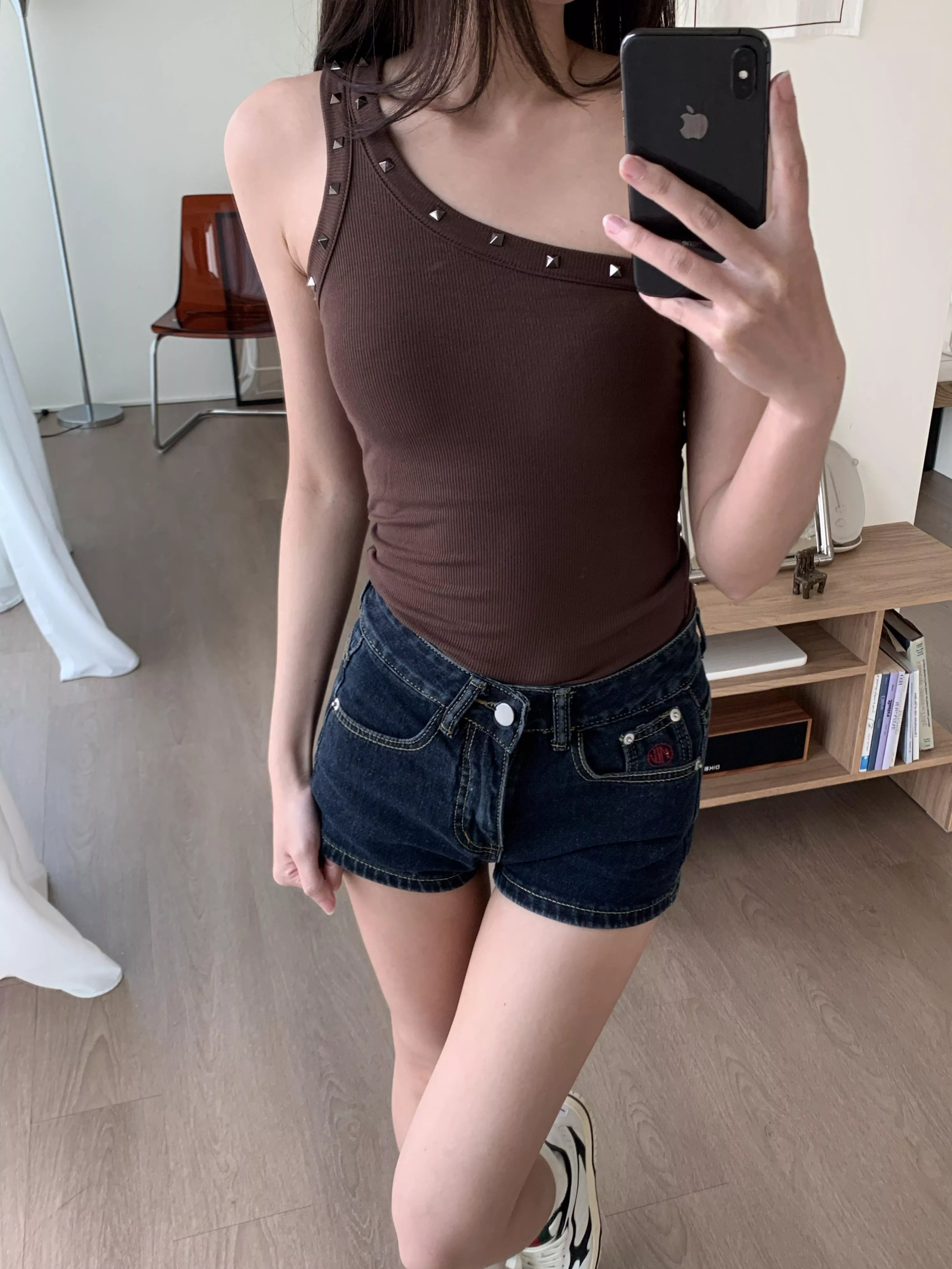 斜肩卯丁bra top(black/brown)(S/M)