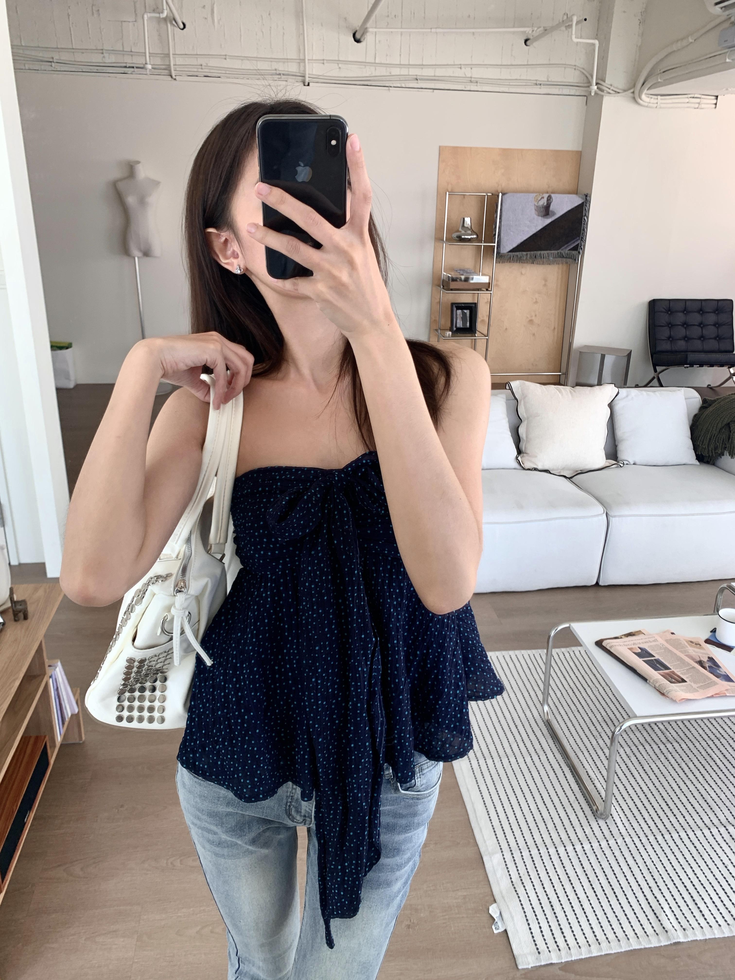 波點蛋糕蝴蝶結平口上衣(navy)(S/M)