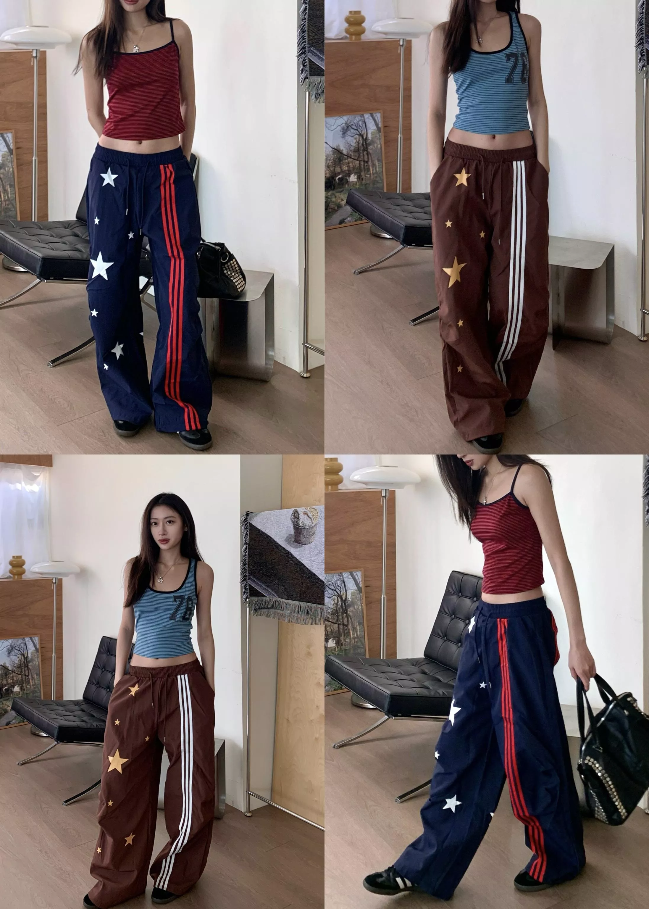 美式星星三線休閒褲(brown/navy)(S/M/L)