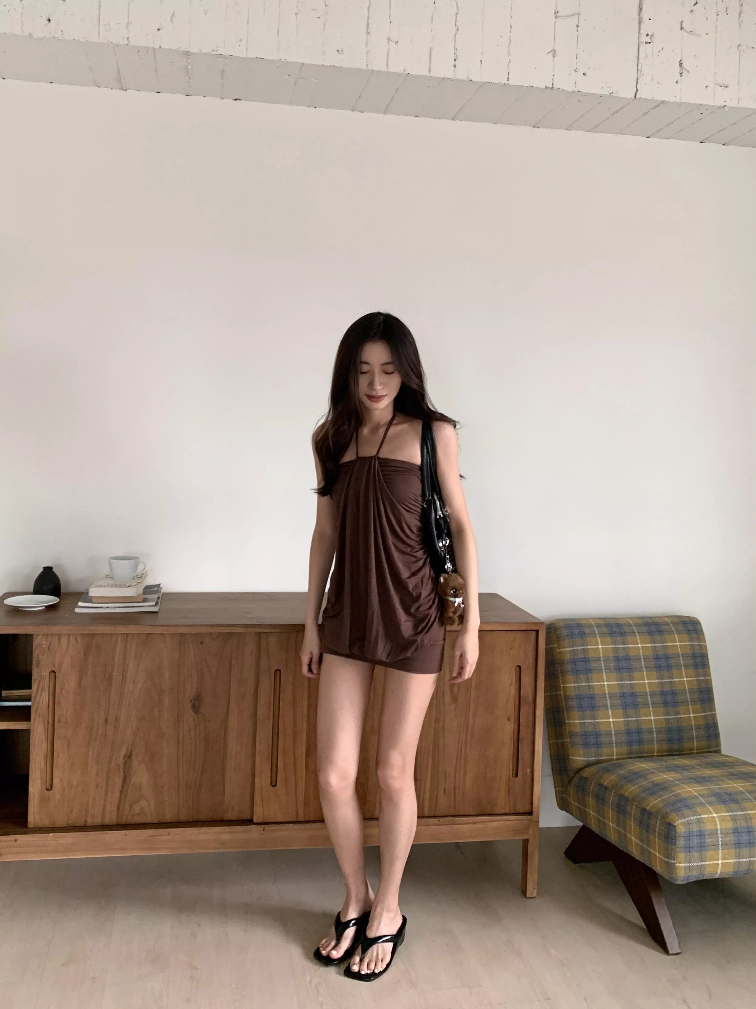 度假皺褶掛脖連身短裙(brown)(S/M/L)
