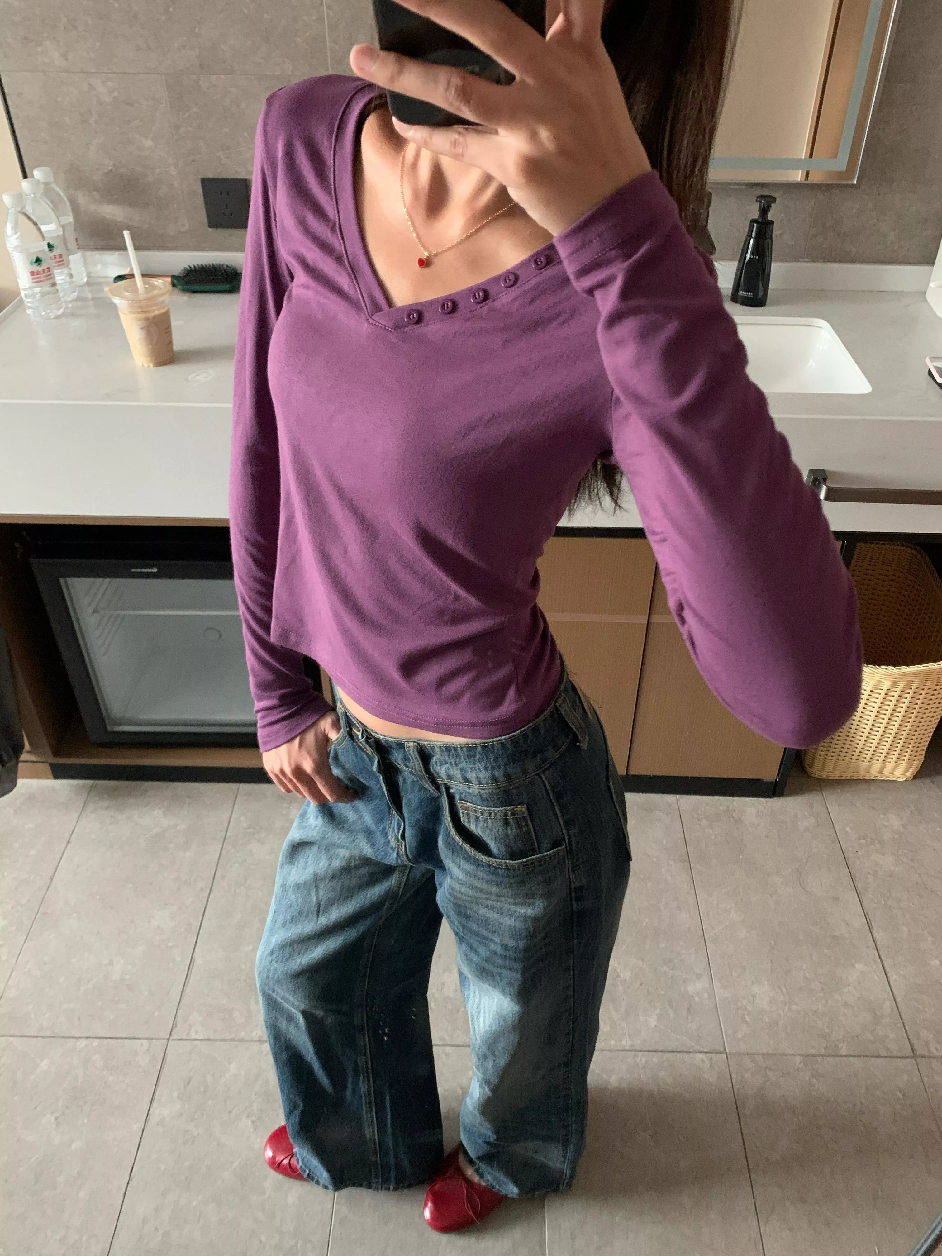 本期大推♡半邊扣v領長袖上衣(white/purple)(S/M/L)