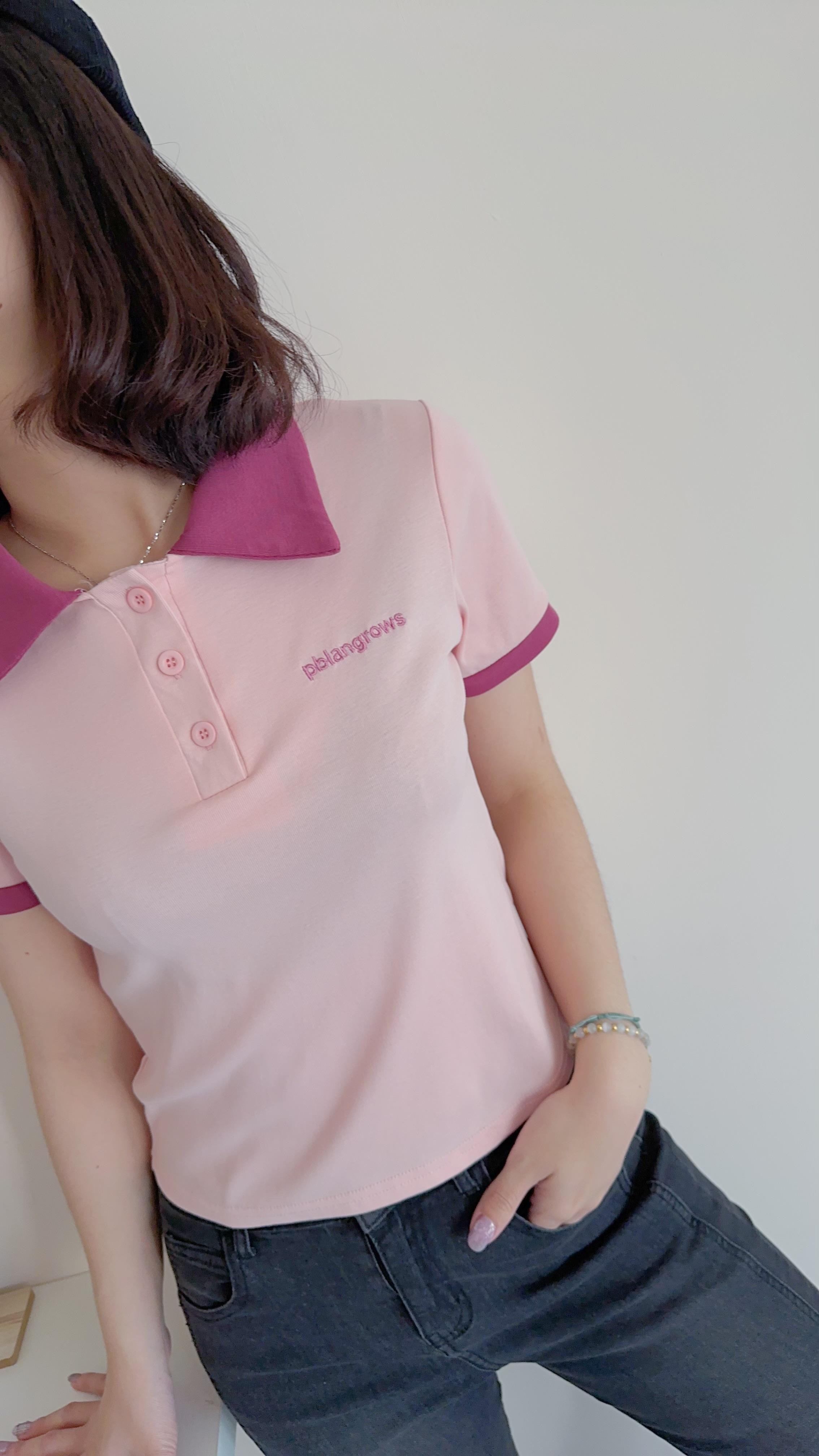 Polo領配色刺繡字母Tee