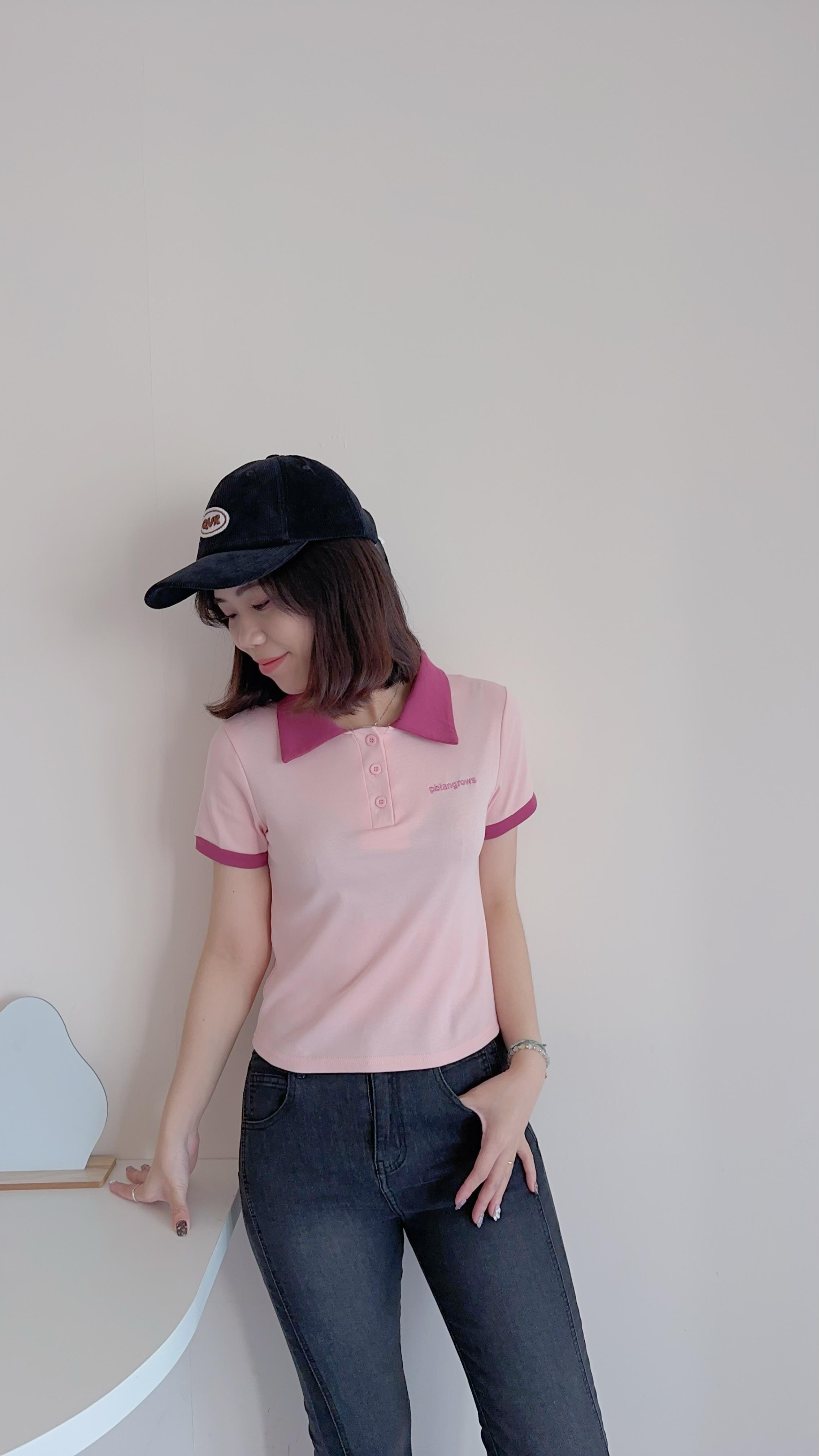 Polo領配色刺繡字母Tee