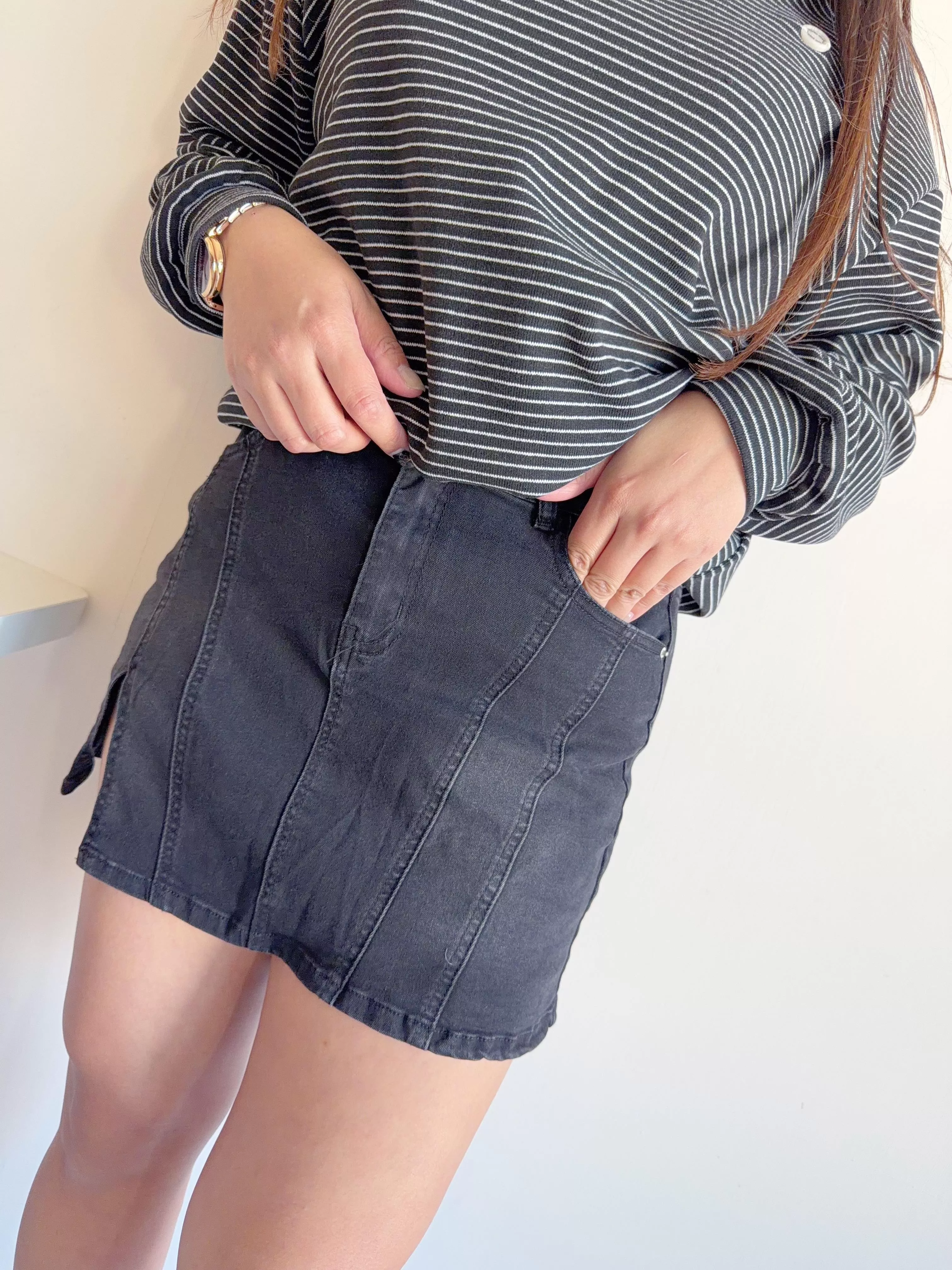 3D車線開衩牛仔短裙