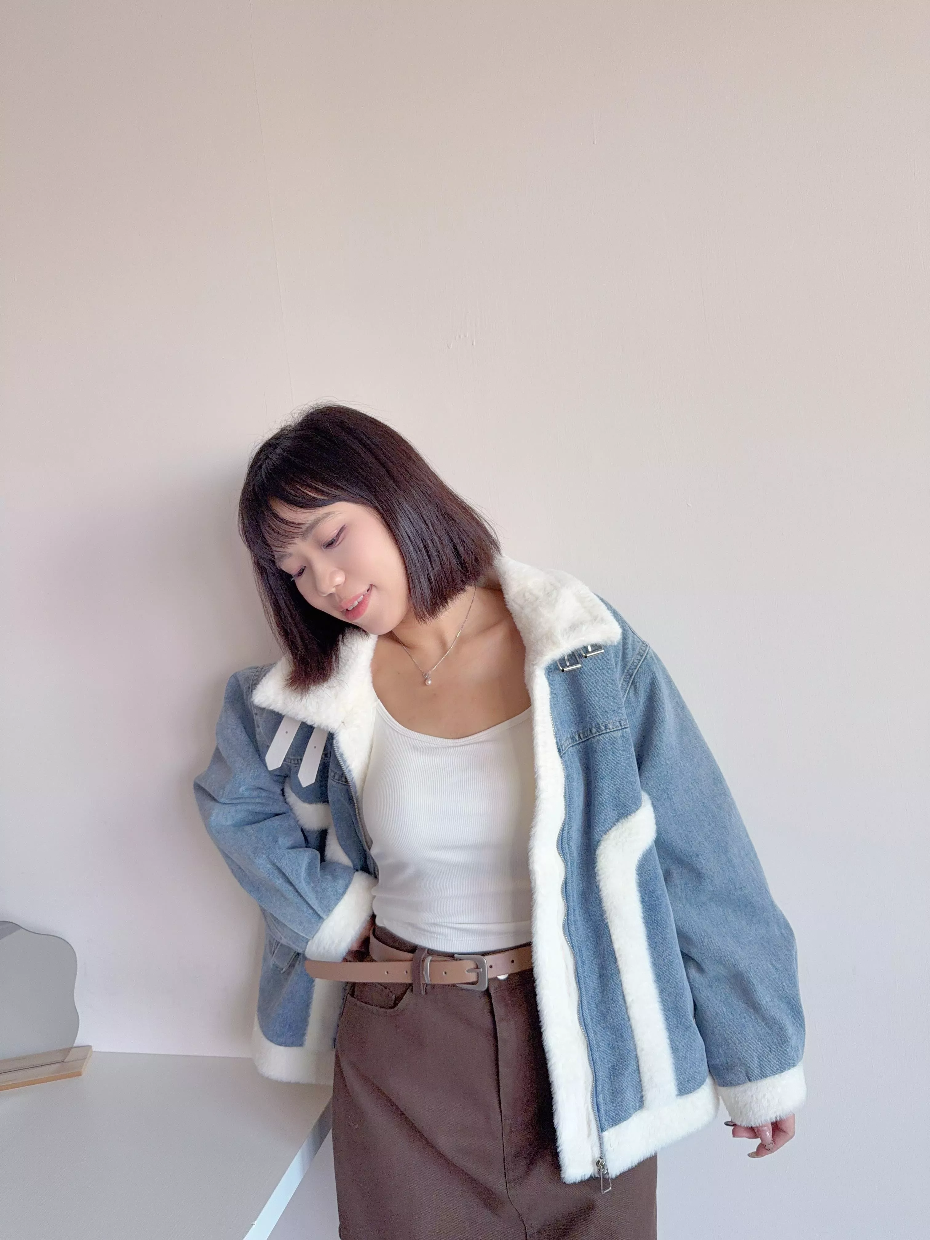 設計感牛仔毛毛外套
