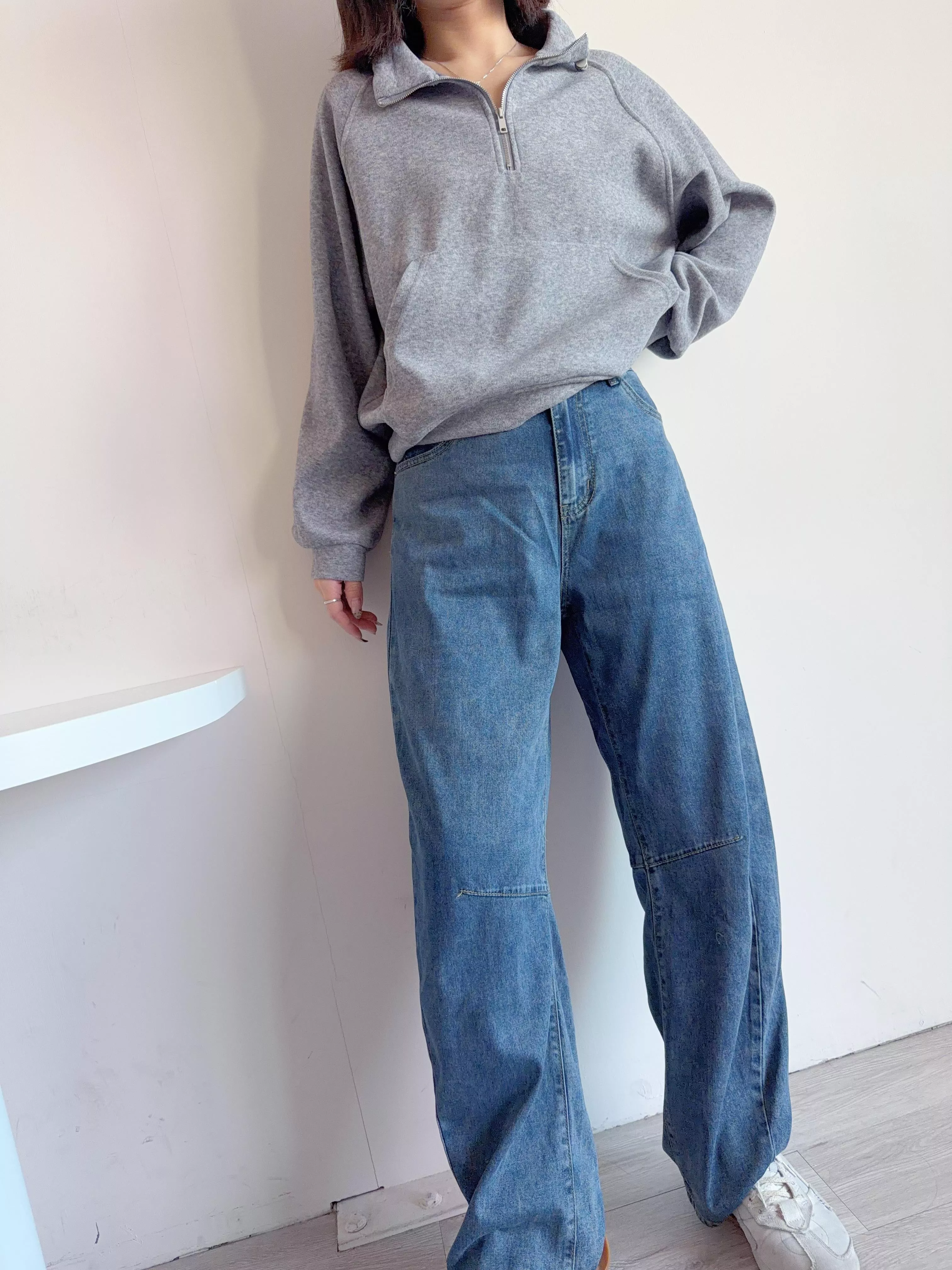 復古刷色彈性彎刀褲