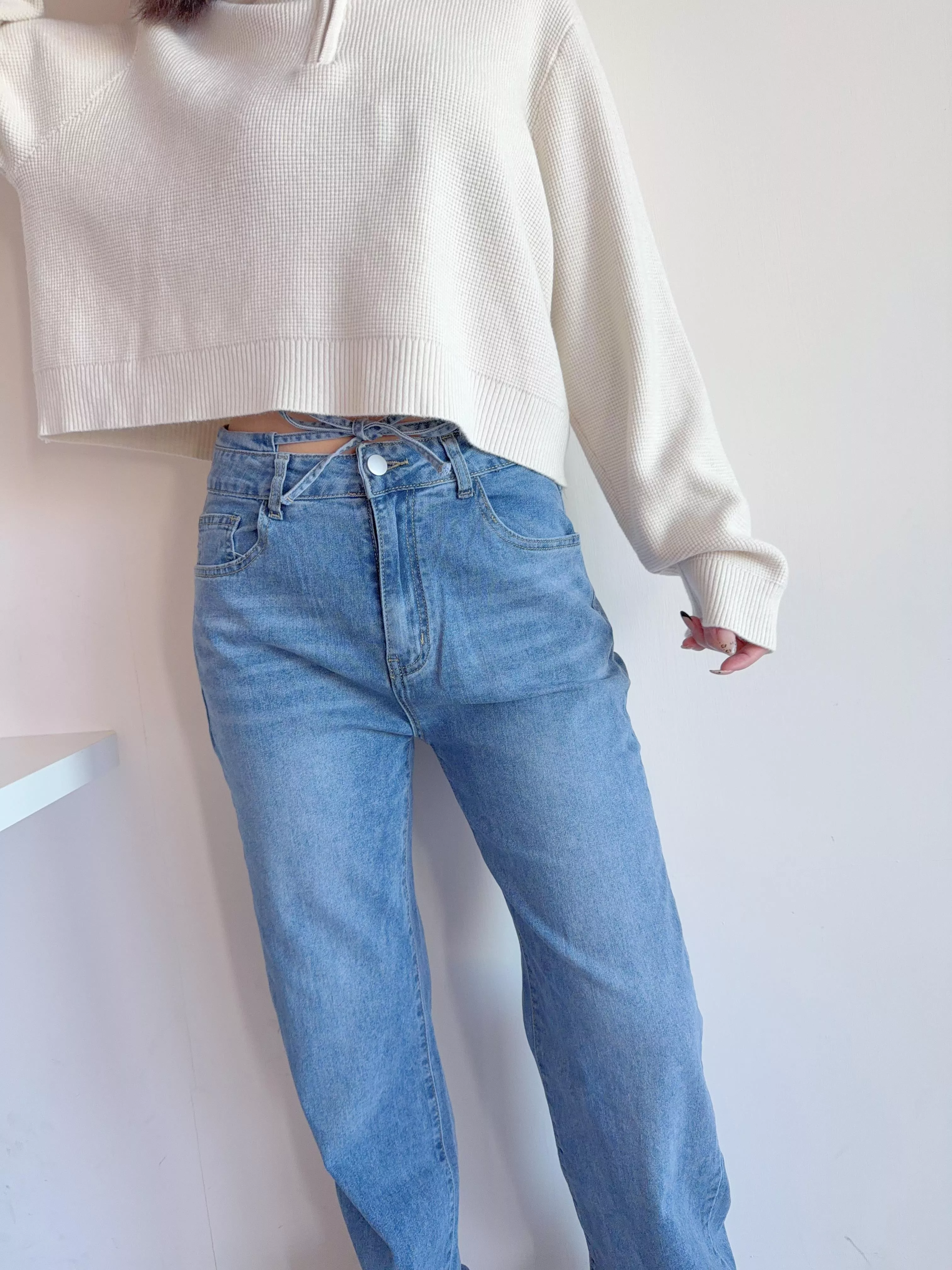 綁帶彈性高腰寬褲