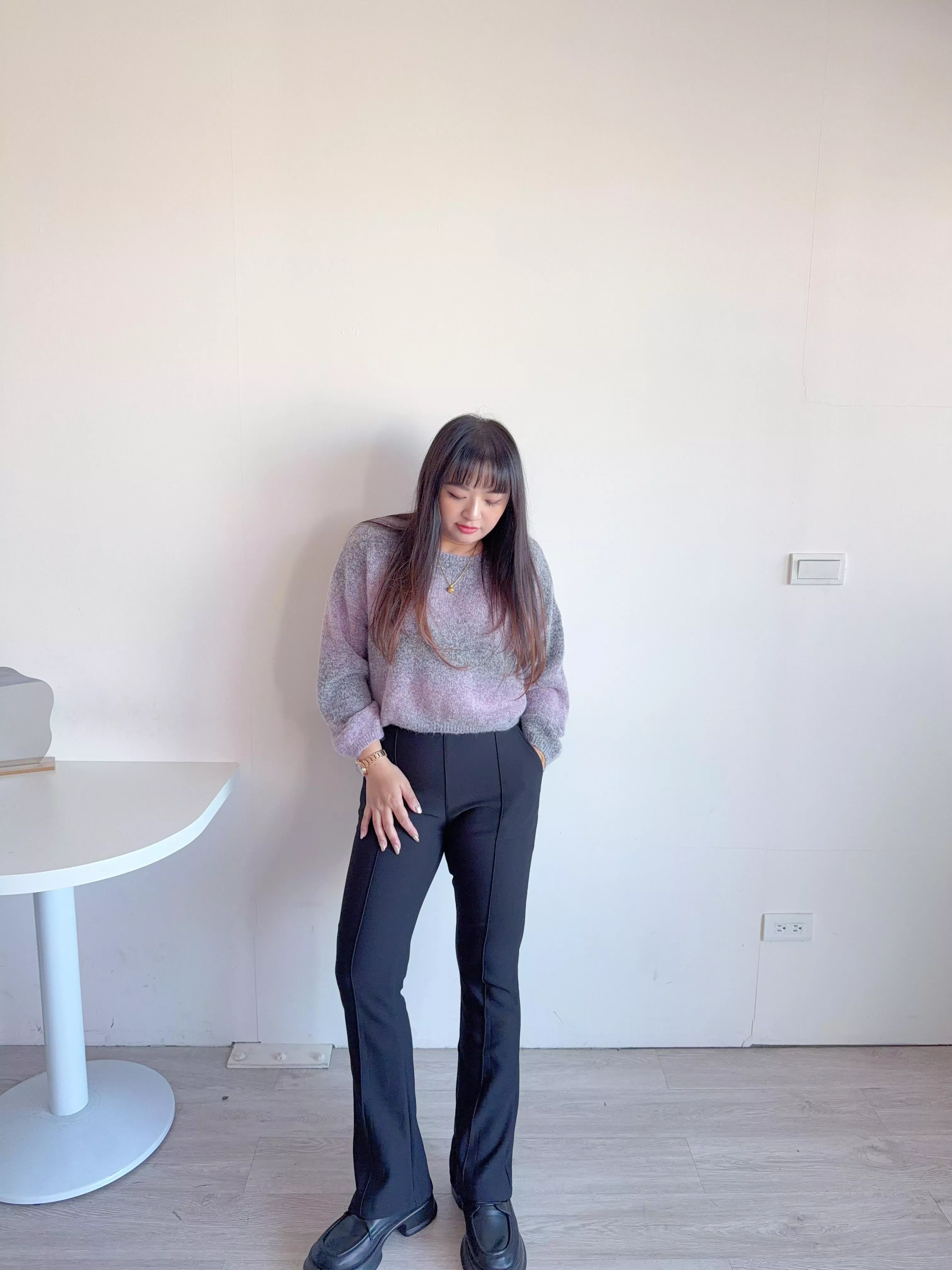 高腰車線磨毛喇叭褲