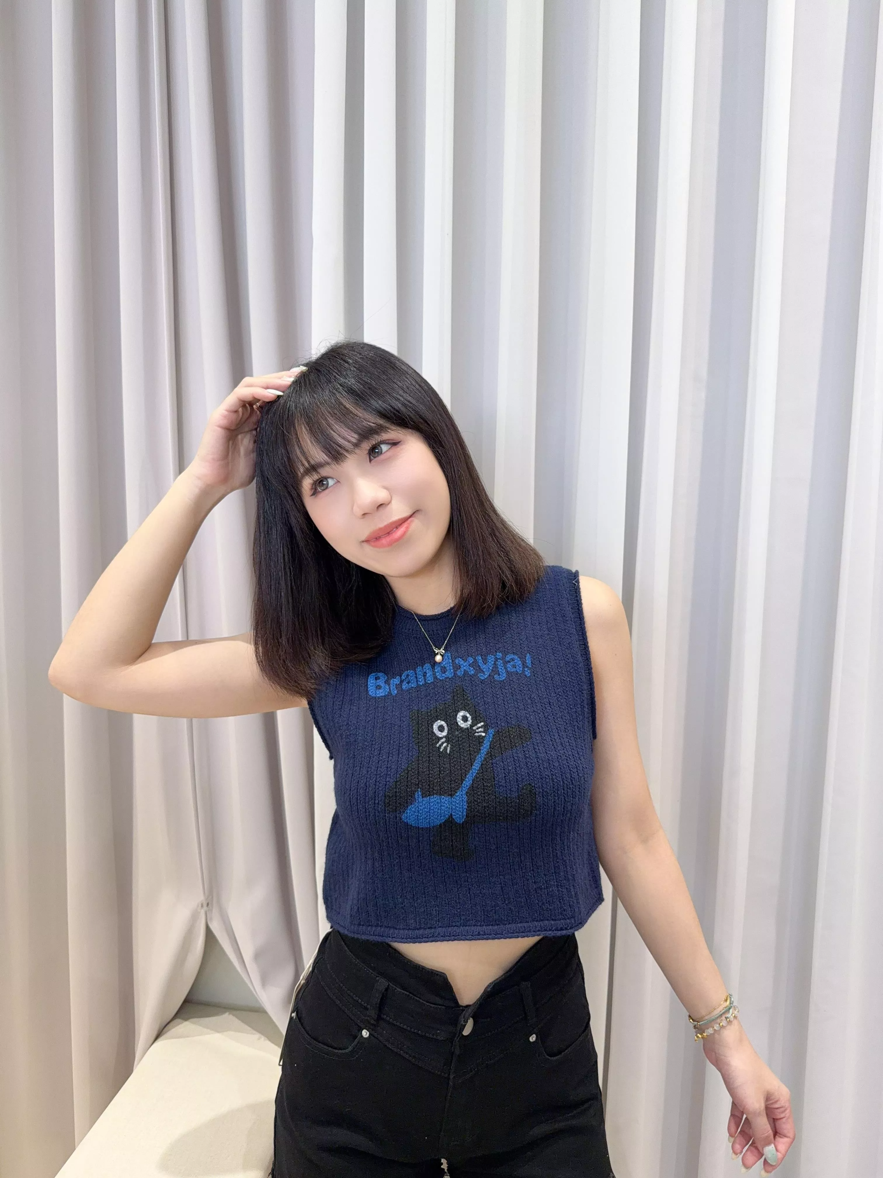 針織短版黑貓背心