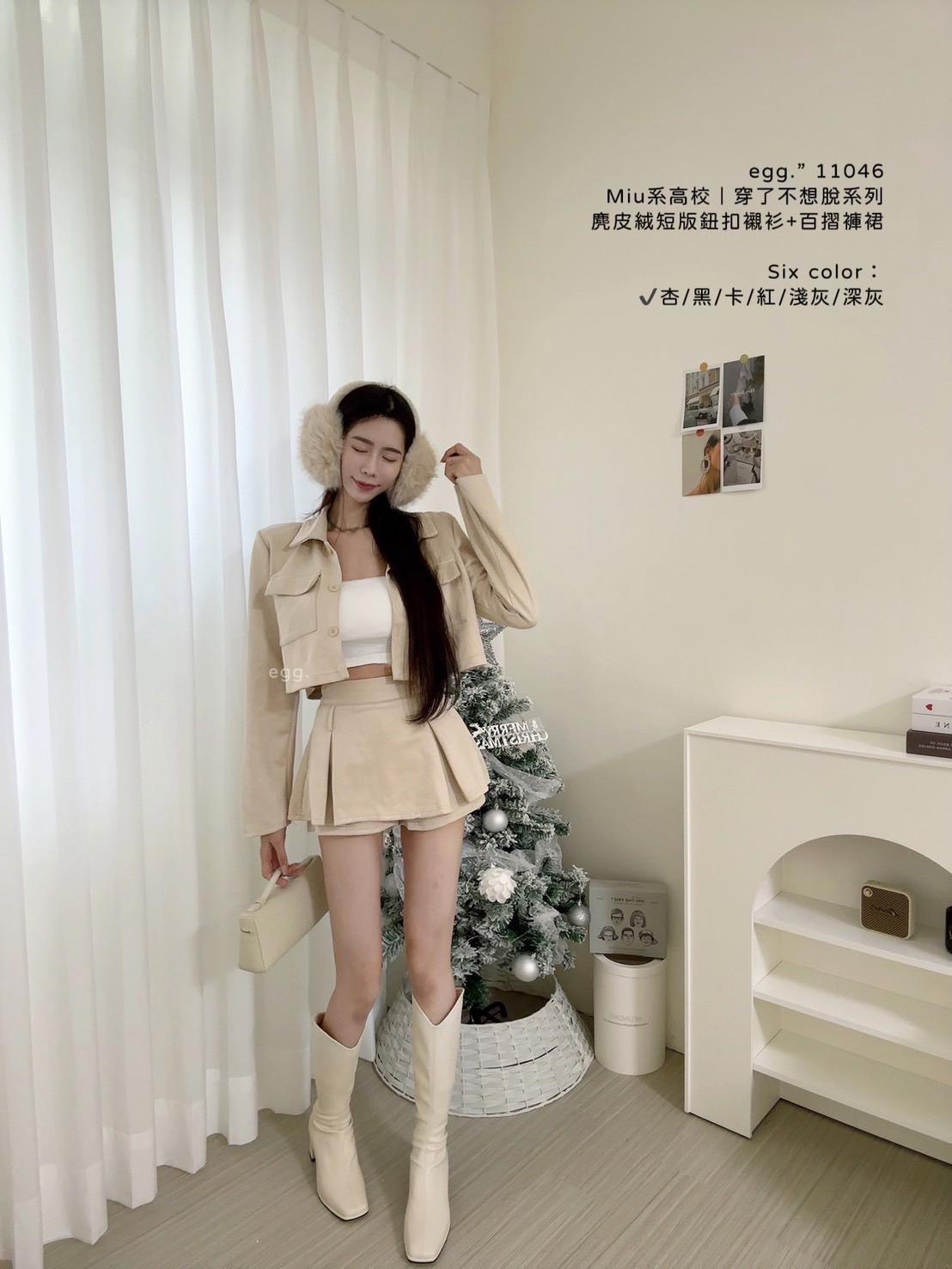 11046   麂皮絨短版鈕扣襯衫+百摺褲裙套裝