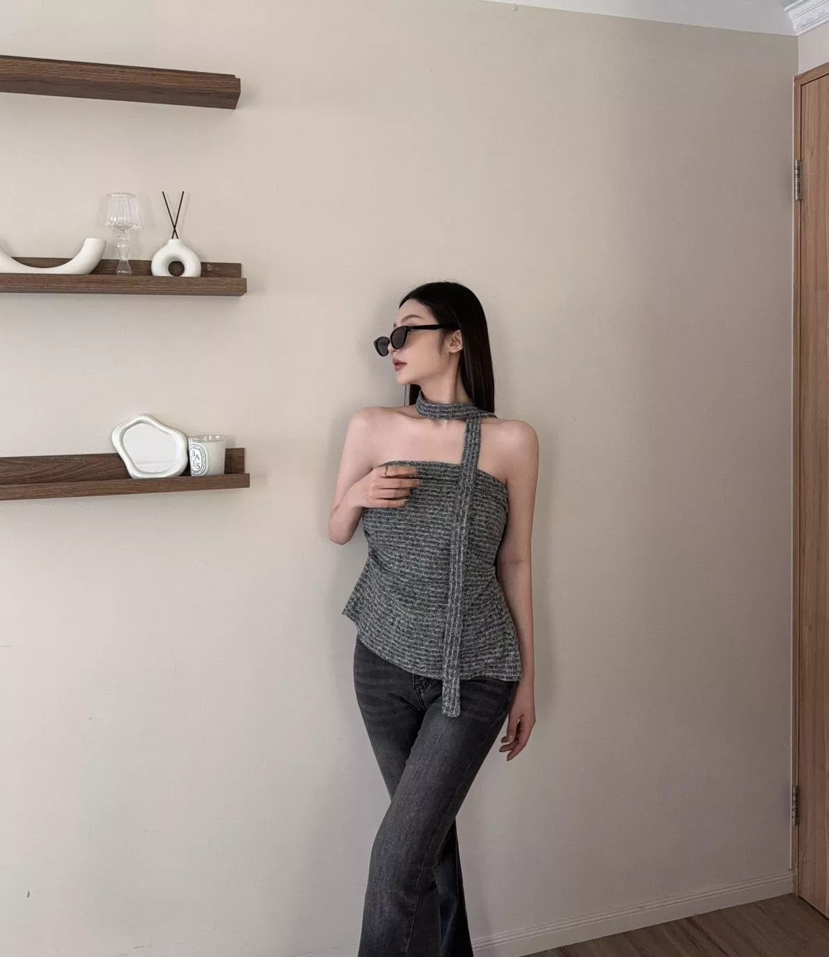 9609   純欲風飄帶毛呢混織平口