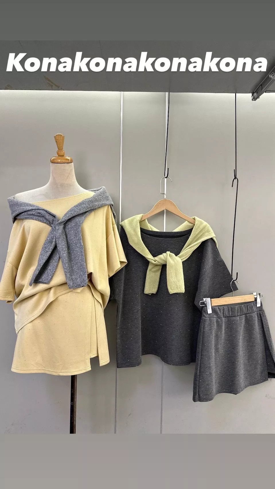 123   素面百搭大圓領上衣+開衩褲裙套裝