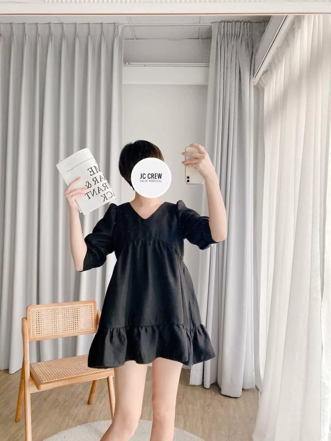 27120   質感編織V領泡袖娃娃短洋裝