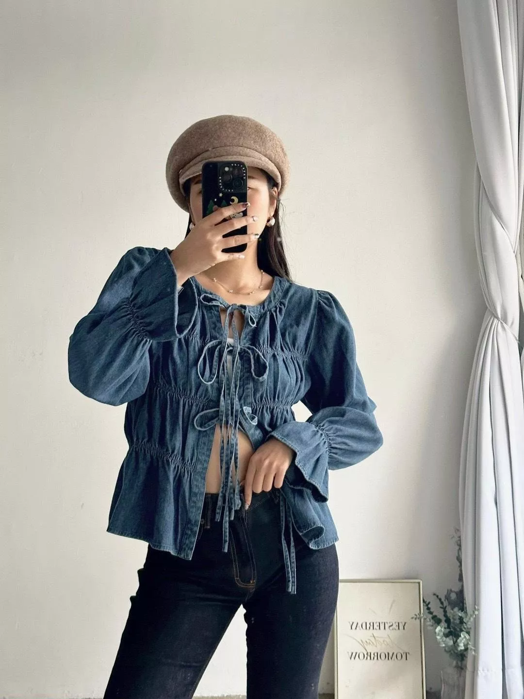 28560   綁帶蝴蝶結皺摺單寧牛仔襯衫