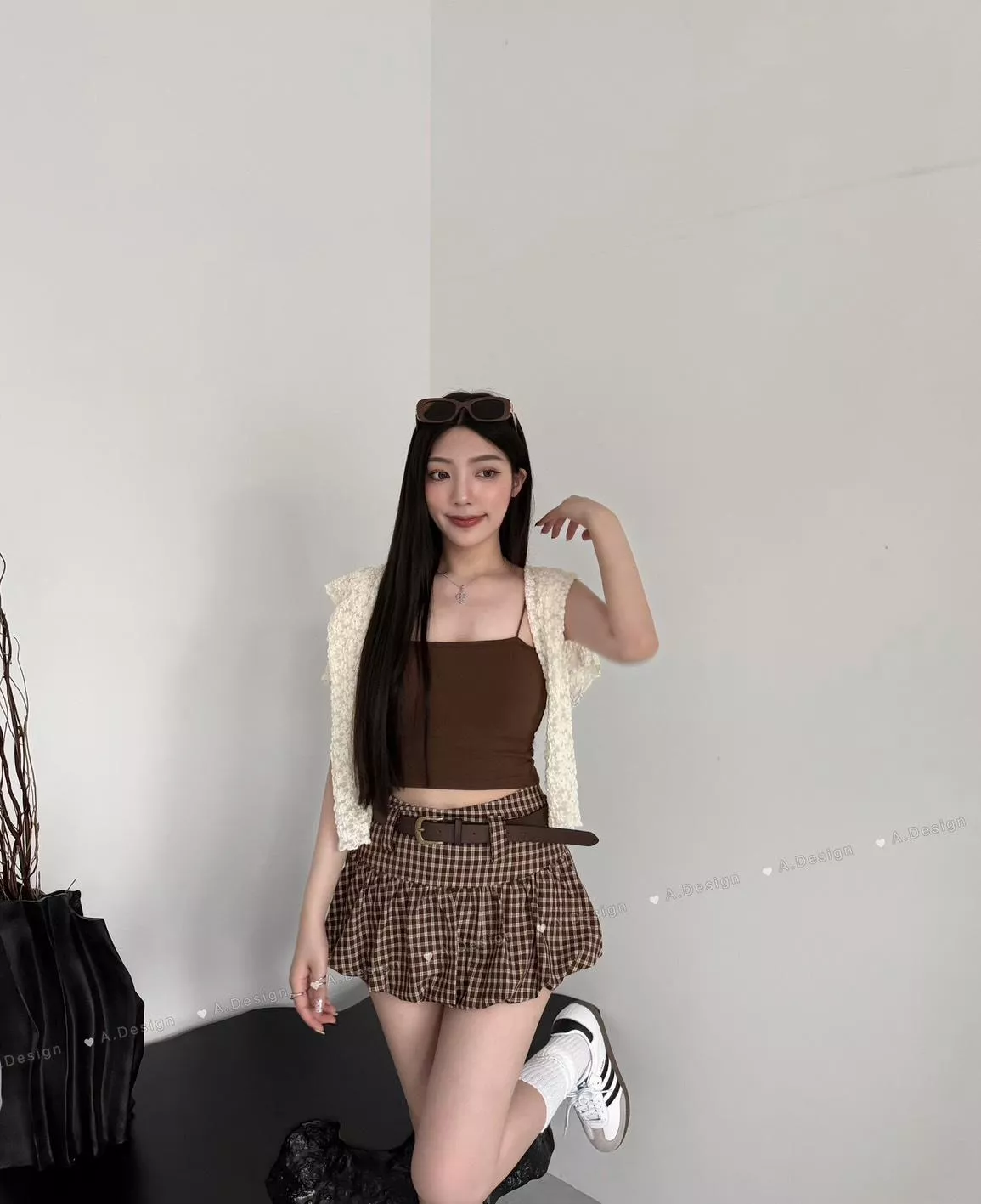 3021   美式復古格紋澎澎短裙 （附皮帶）