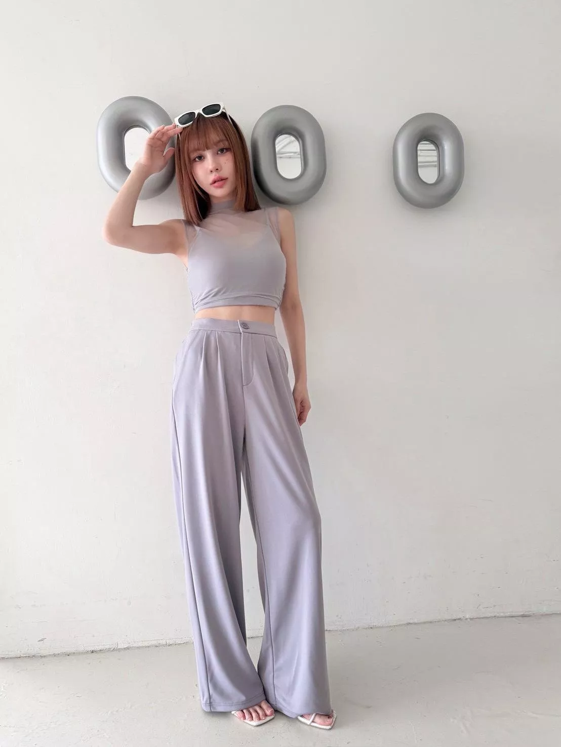 7502  獨家，網紗氣質V領假兩件胸墊背心套裝