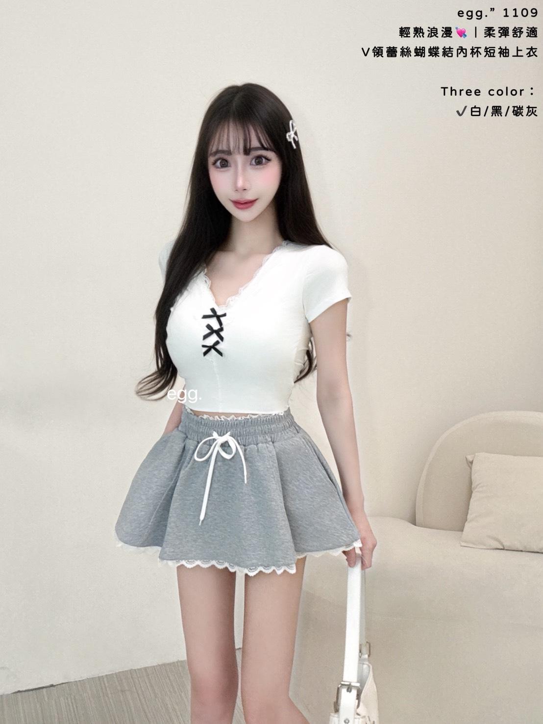 1109   V領蕾絲蝴蝶結內杯短袖上衣