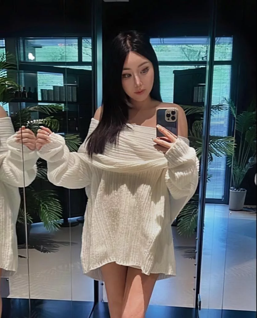 Honey bear一字領紋理毛衣洋裝