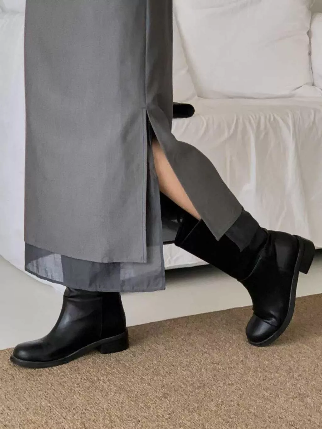 25P 韓國製率性西裝面料側開岔內層網紗長裙