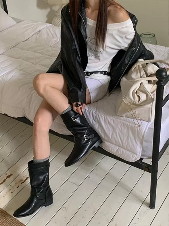 25K韓國代購時髦雙扣環微跟短靴