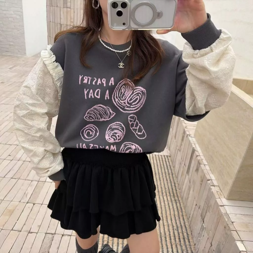 25K韓國代購雙袖造型花邊大學T