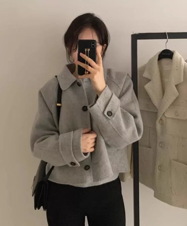復古高級感翻領短版毛呢外套