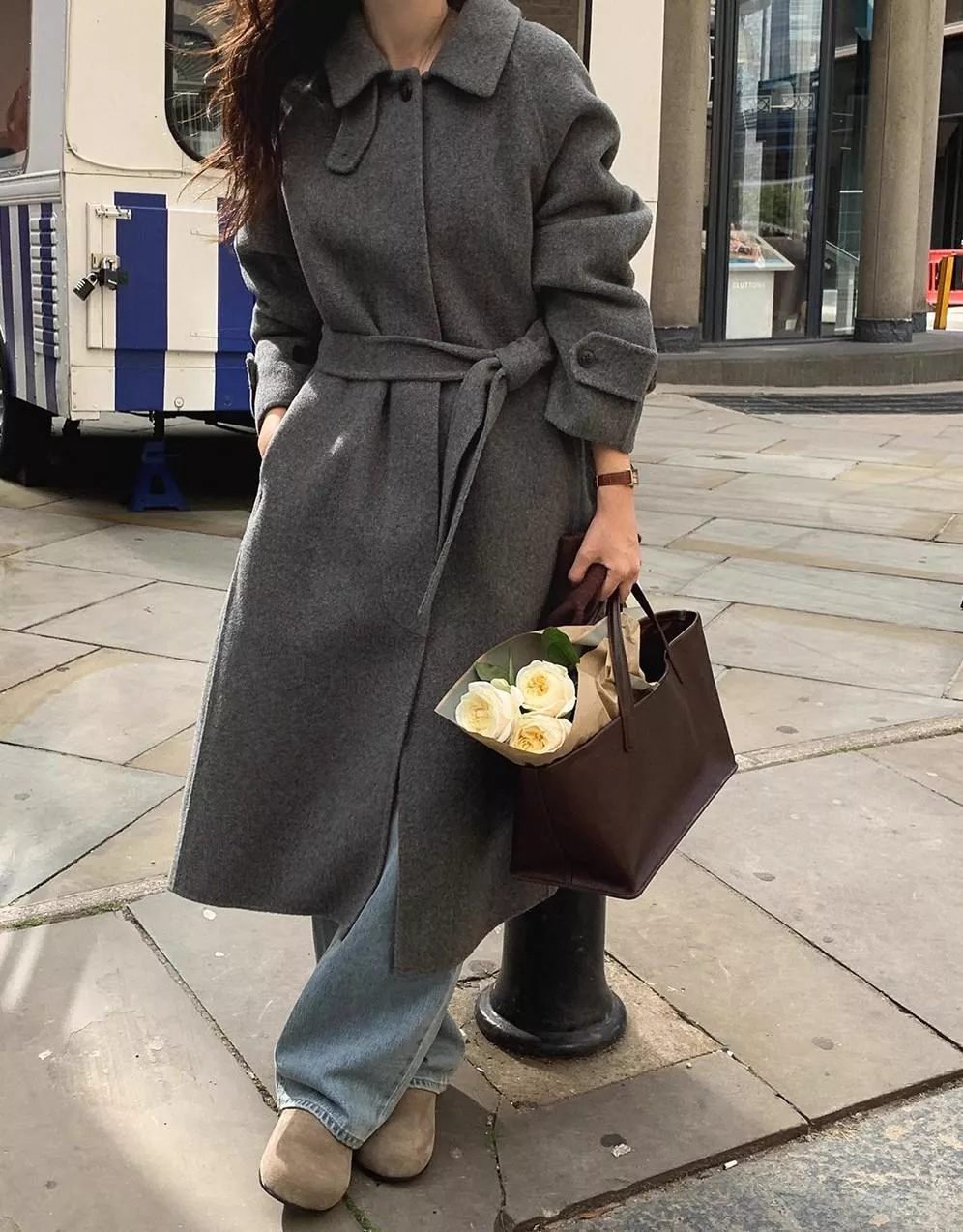 可立領兩穿單排扣長版毛呢外套