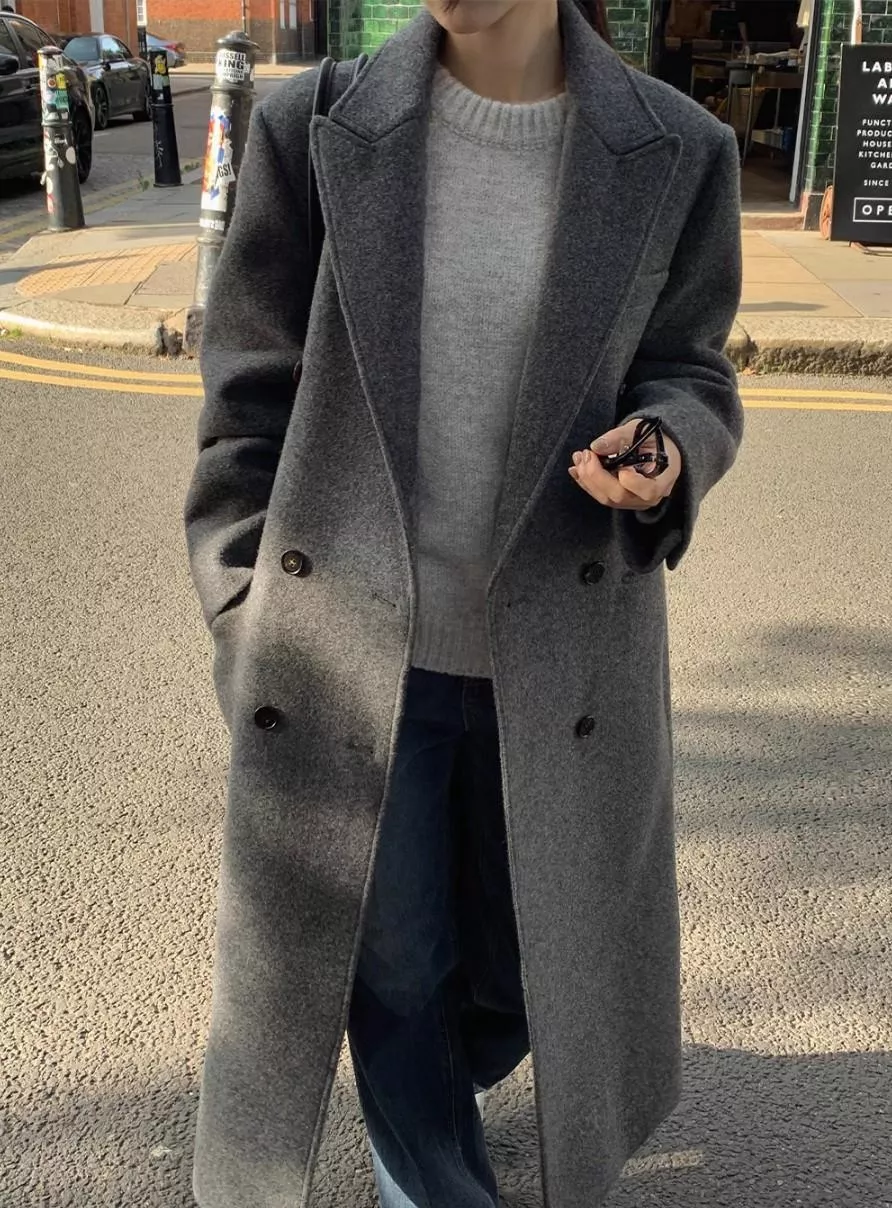 級感西裝領雙排扣長版毛呢外套