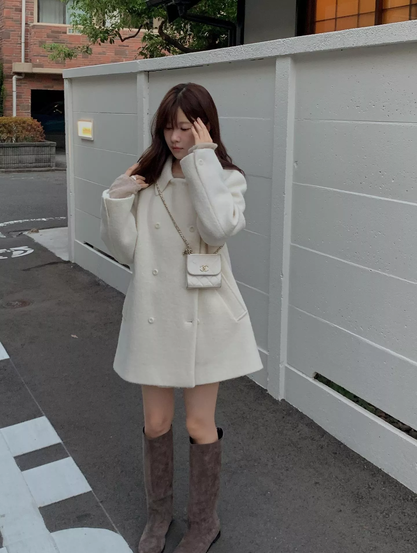 溫柔風雙排扣純色翻領毛呢外套