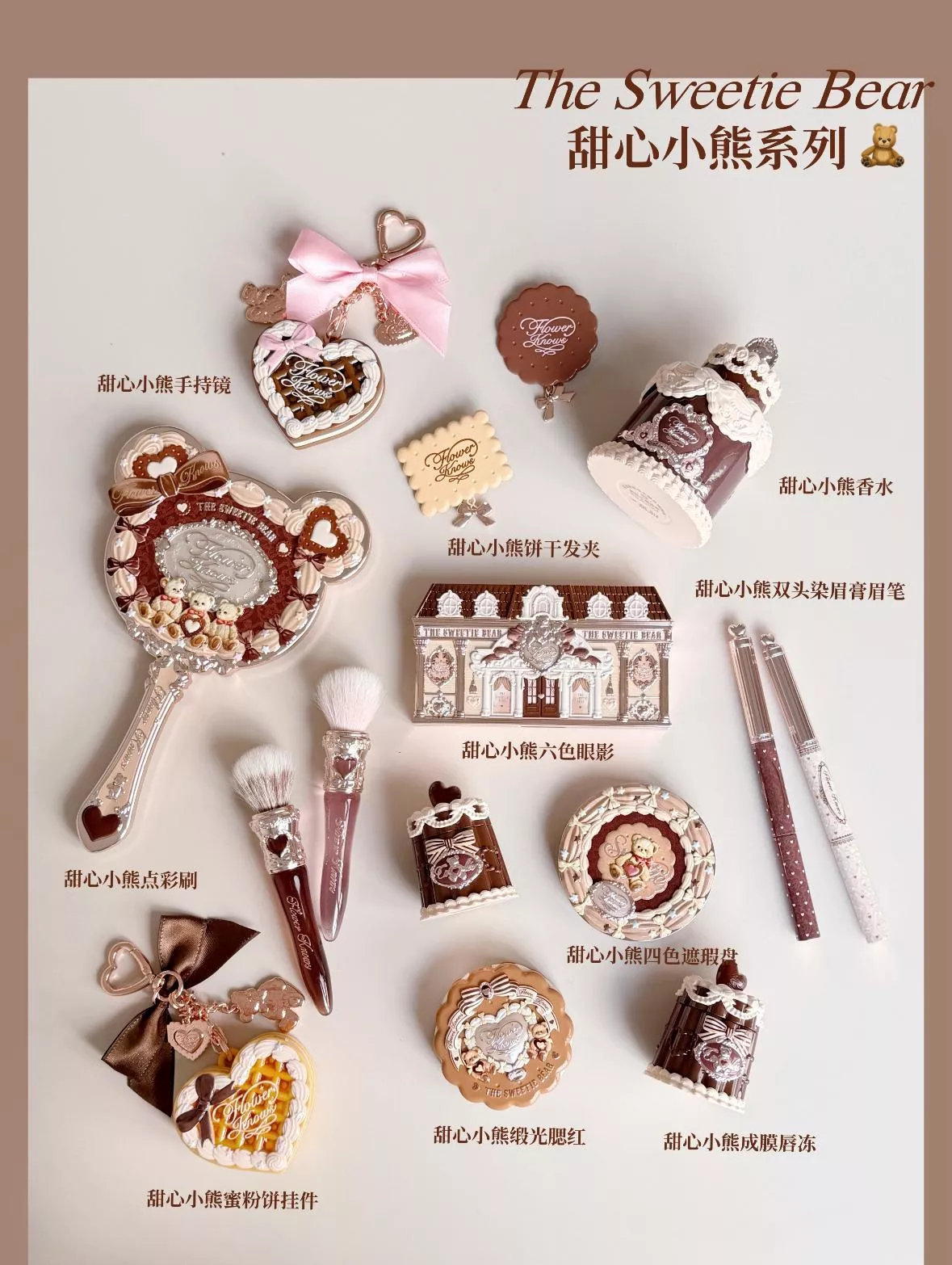 *₊˚✩｡🍩･🍮˚₊花知曉甜心小熊系列🐻🍪緞光腮紅/成膜唇凍/六色眼影/四色遮瑕/雙頭染眉膏眉筆/手持鏡/蜜粉掛件/香水/點彩刷